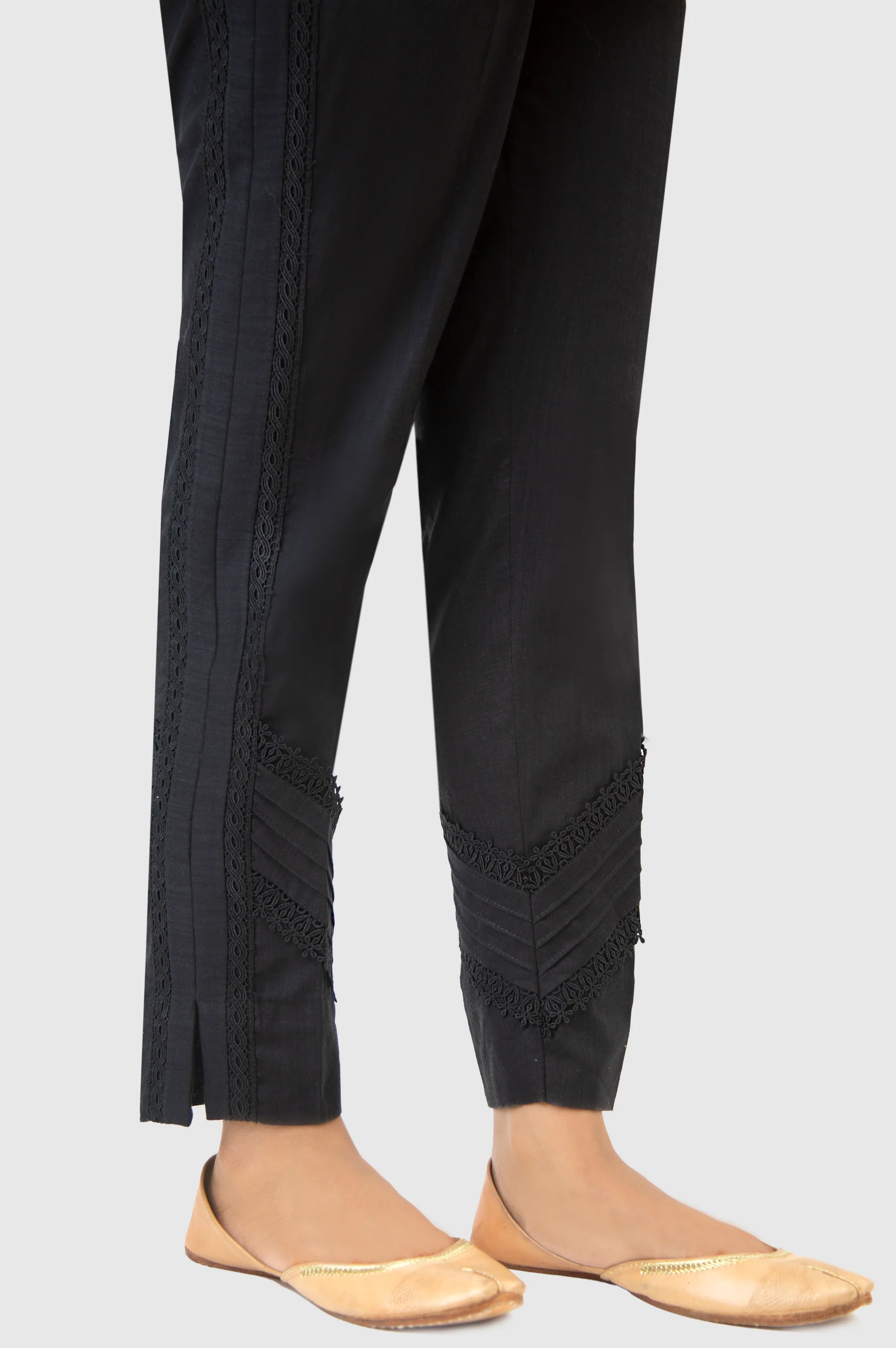 Embellished Cotton Slub Cigeratte Pants - Black - Image 3