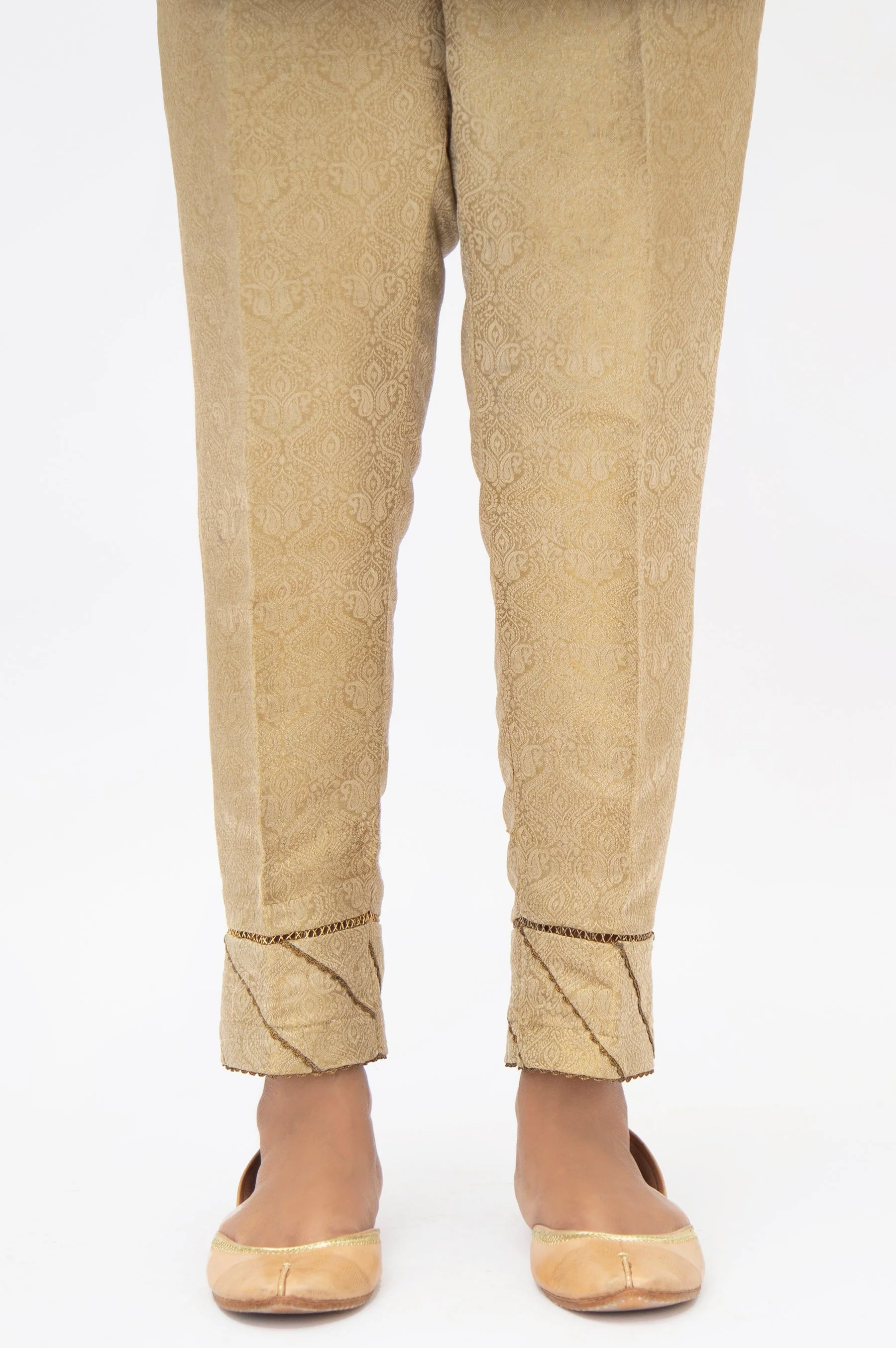 Embellished Jamawar Cigarette Pants - Gold (FACTORY E-OUTLET)