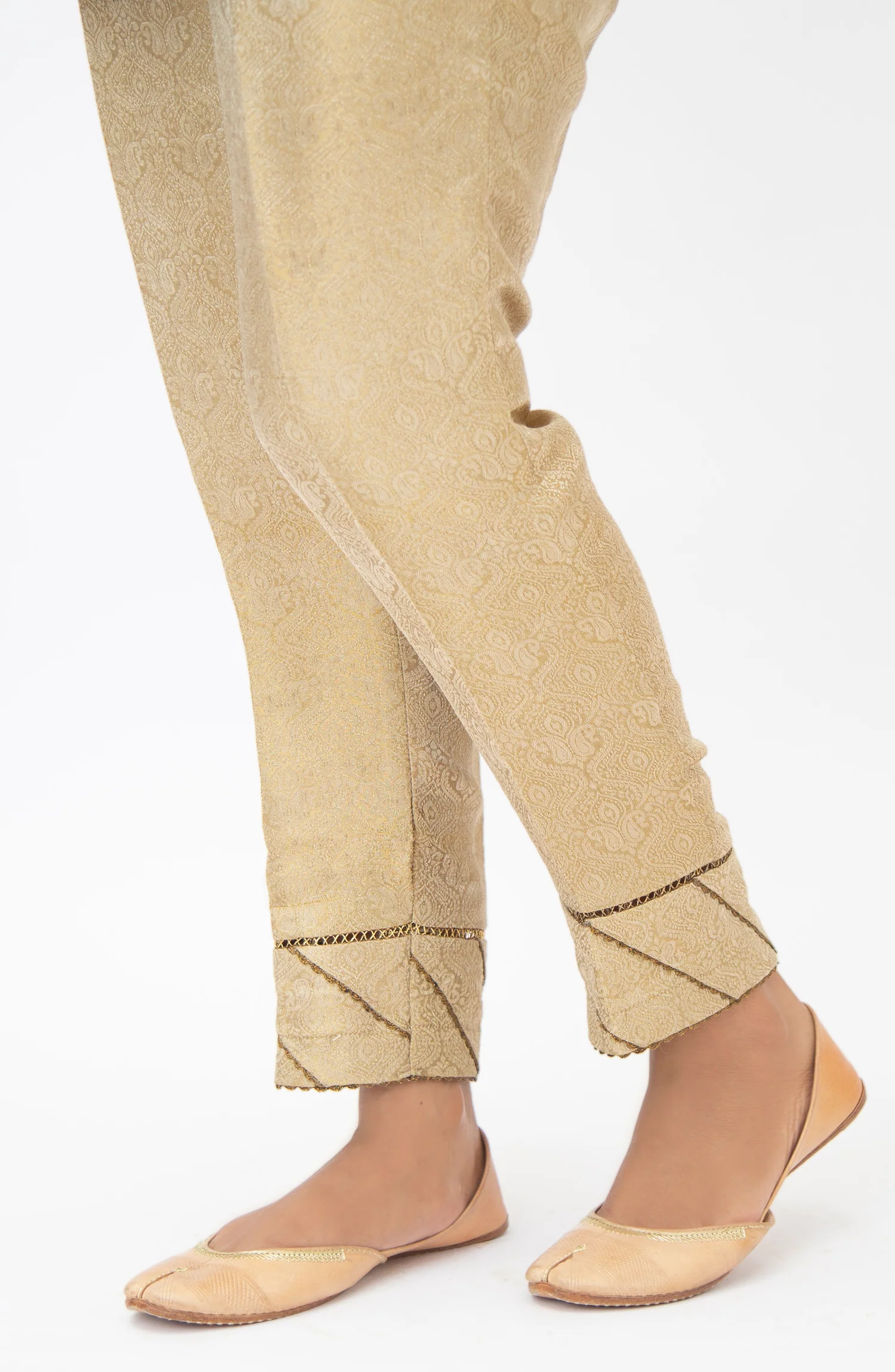 Embellished Jamawar Cigarette Pants - Gold - Image 3