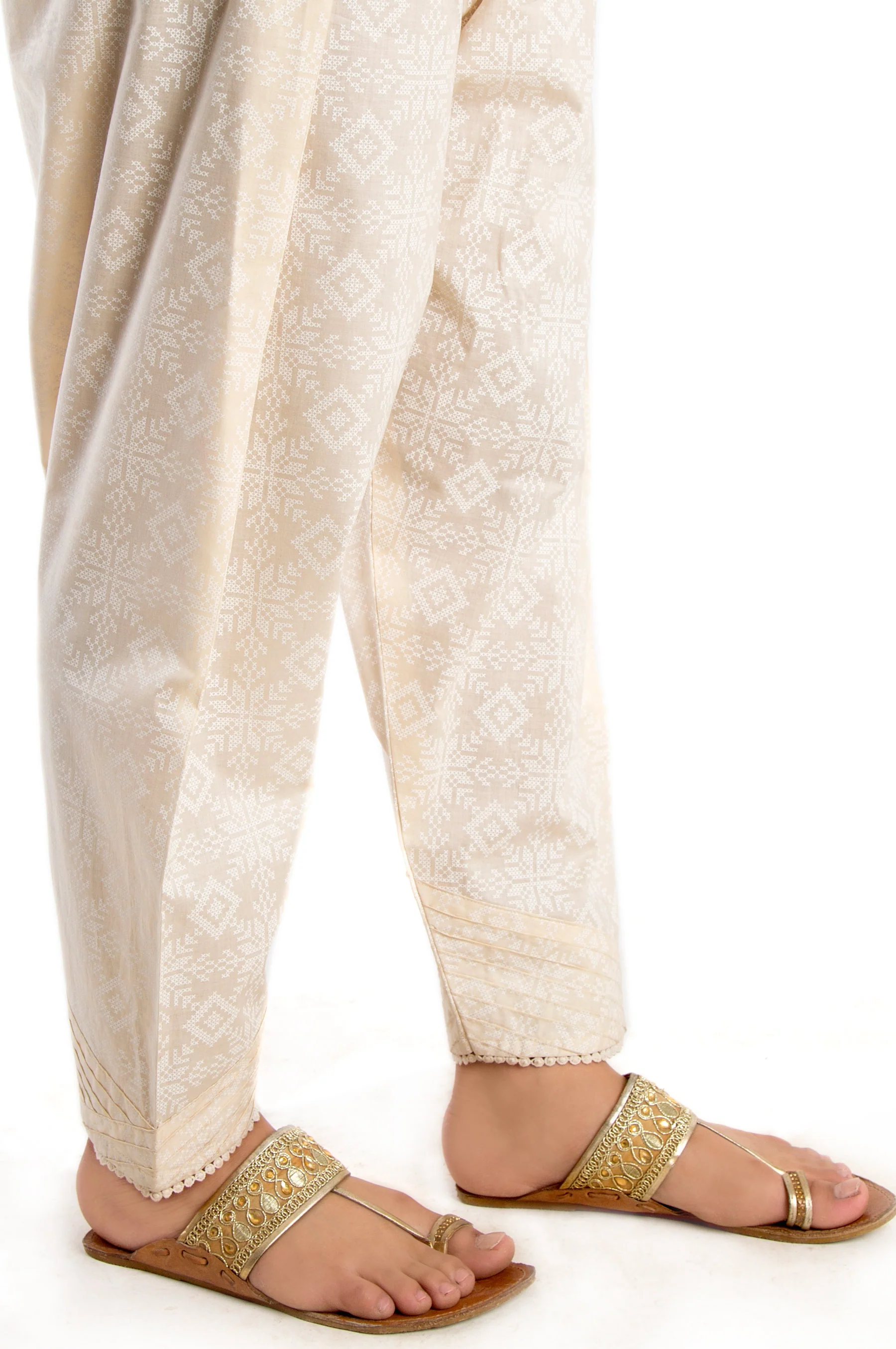 Embellished Narrow Shalwar - White Paste/Beige - Image 3
