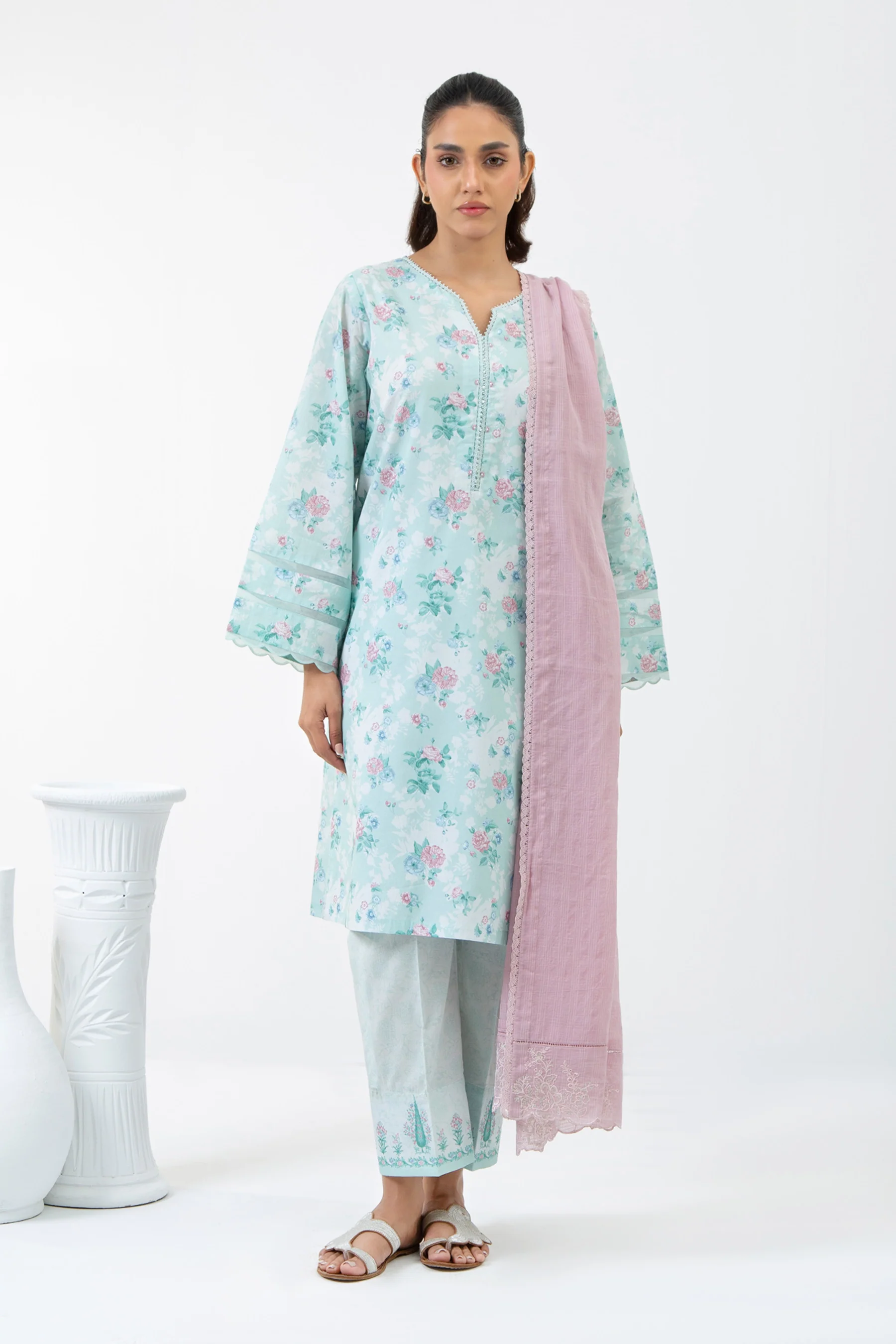 EMBROIDERED CAMBRIC STITCHED 3 PIECE SUIT