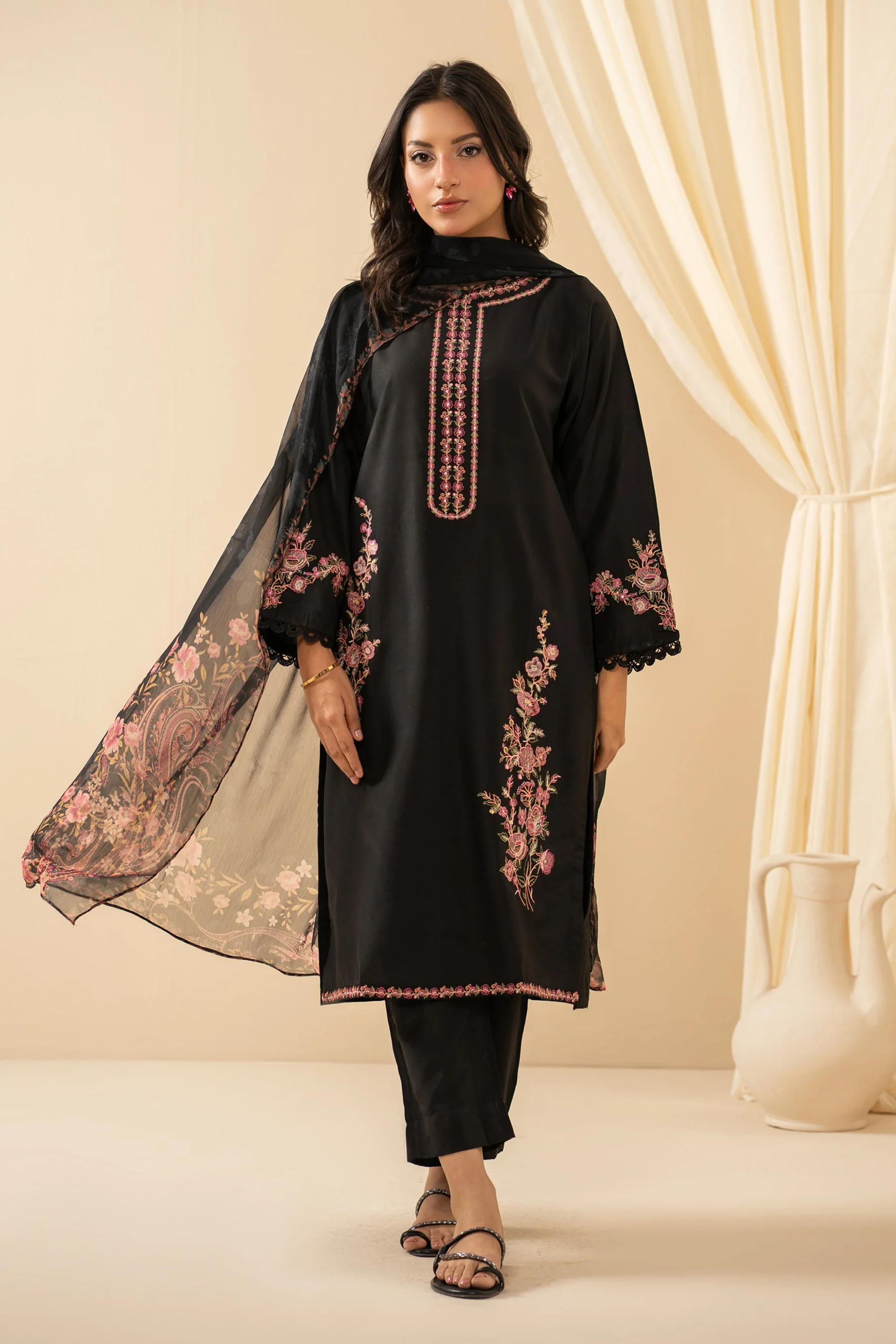 EMBROIDERED CAMBRIC STITCHED 3 PIECE SUIT