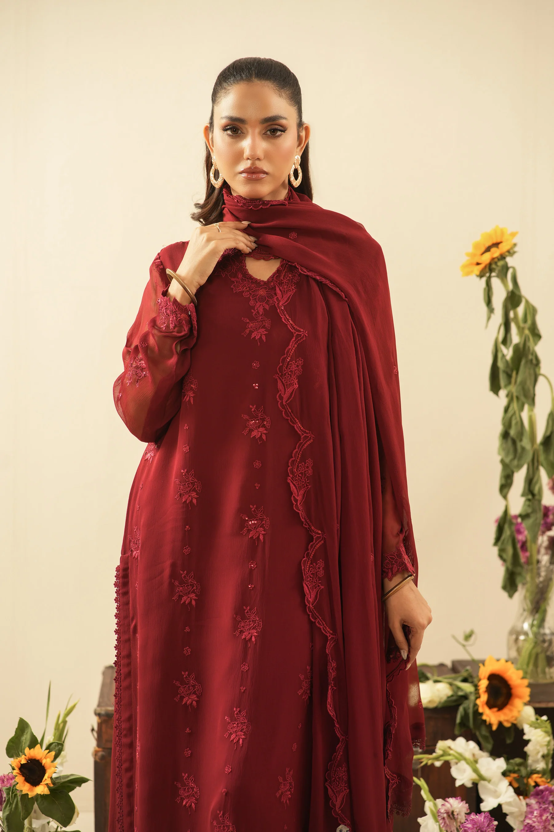 EMBROIDERED CHIFFON UNSTITCHED 3 PIECE SUIT - Image 8