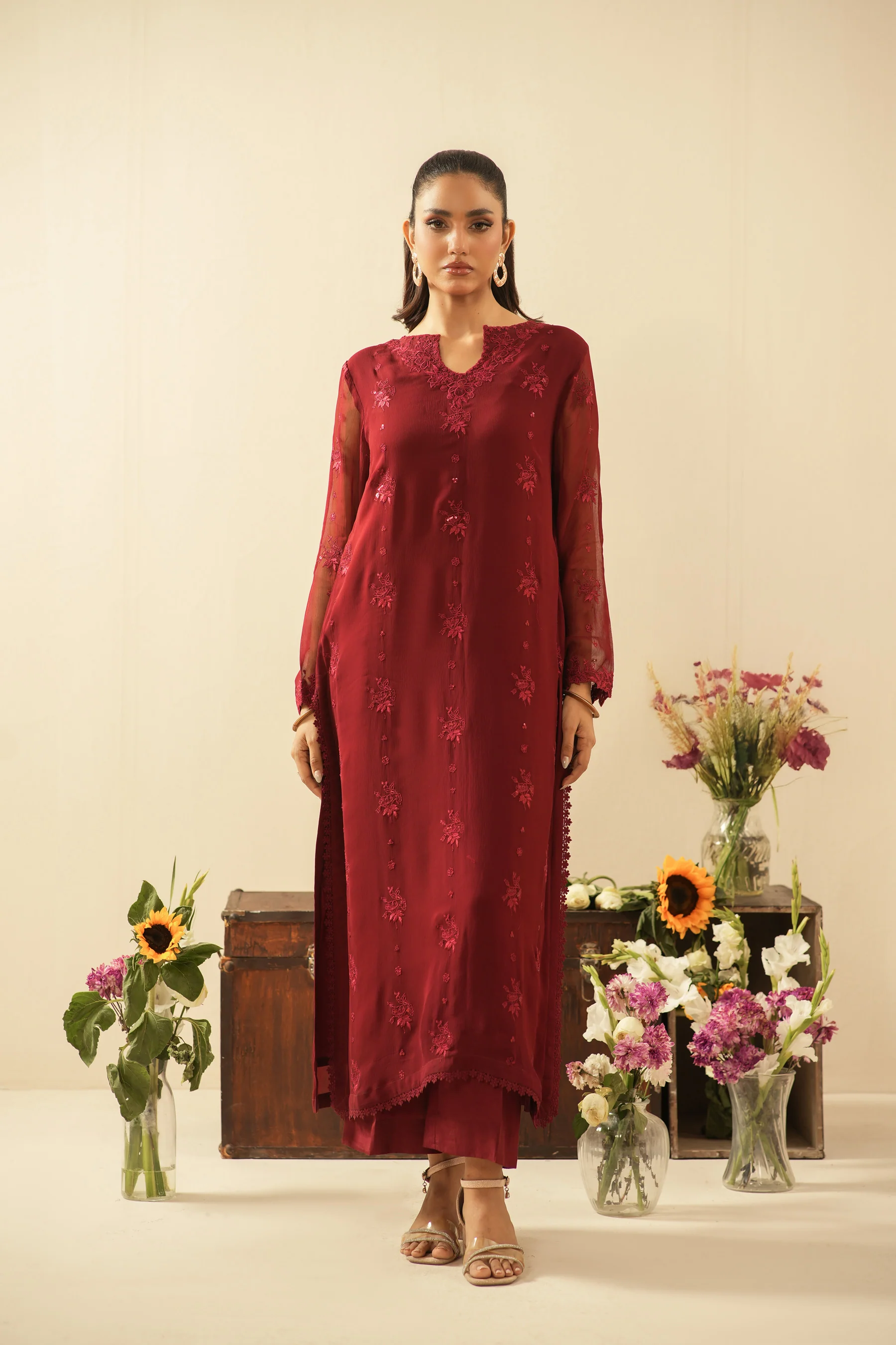 EMBROIDERED CHIFFON UNSTITCHED 3 PIECE SUIT - Image 9