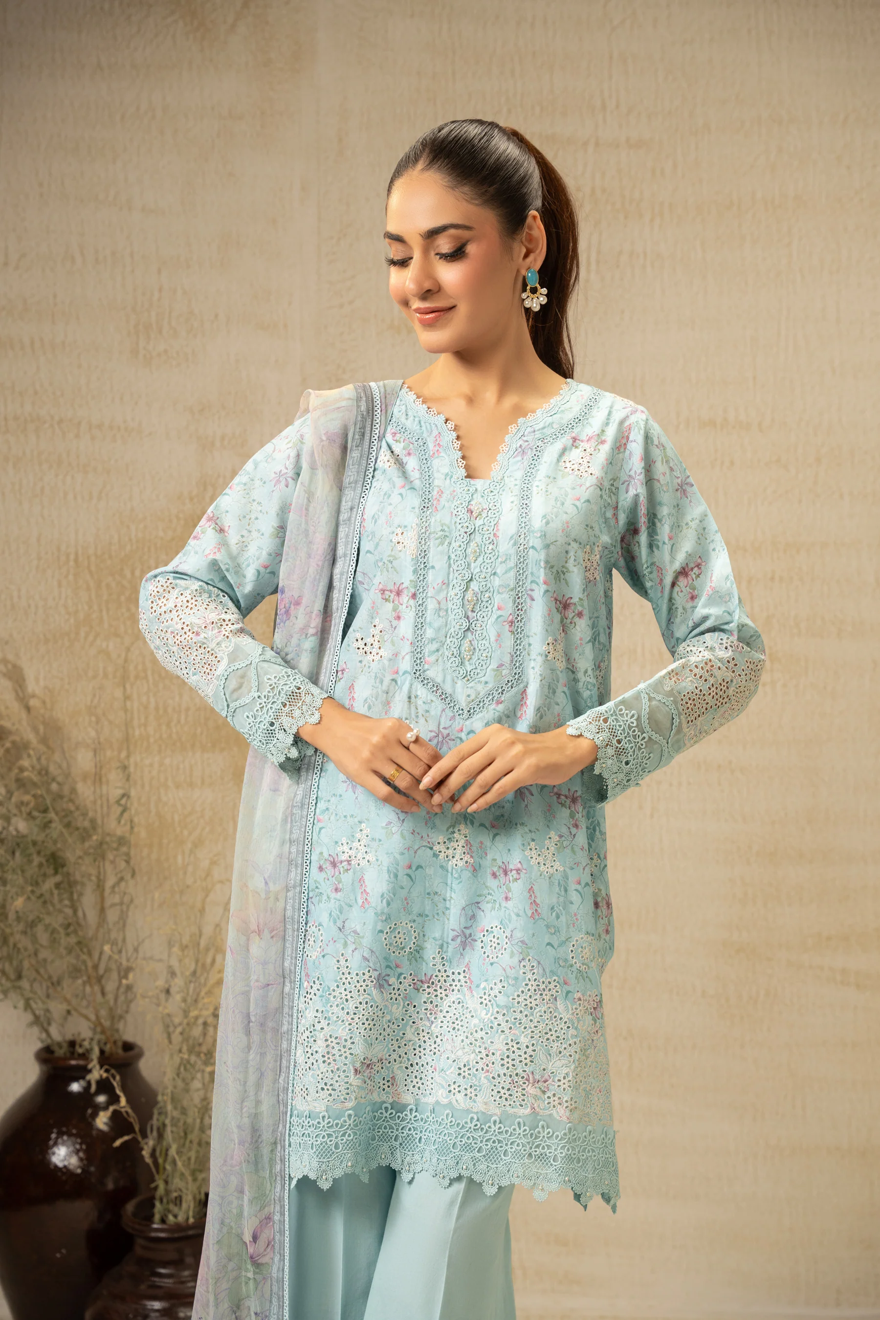 EMBROIDERED CHIKANKARI UNSTITCHED 3 PIECE SUIT - Image 6