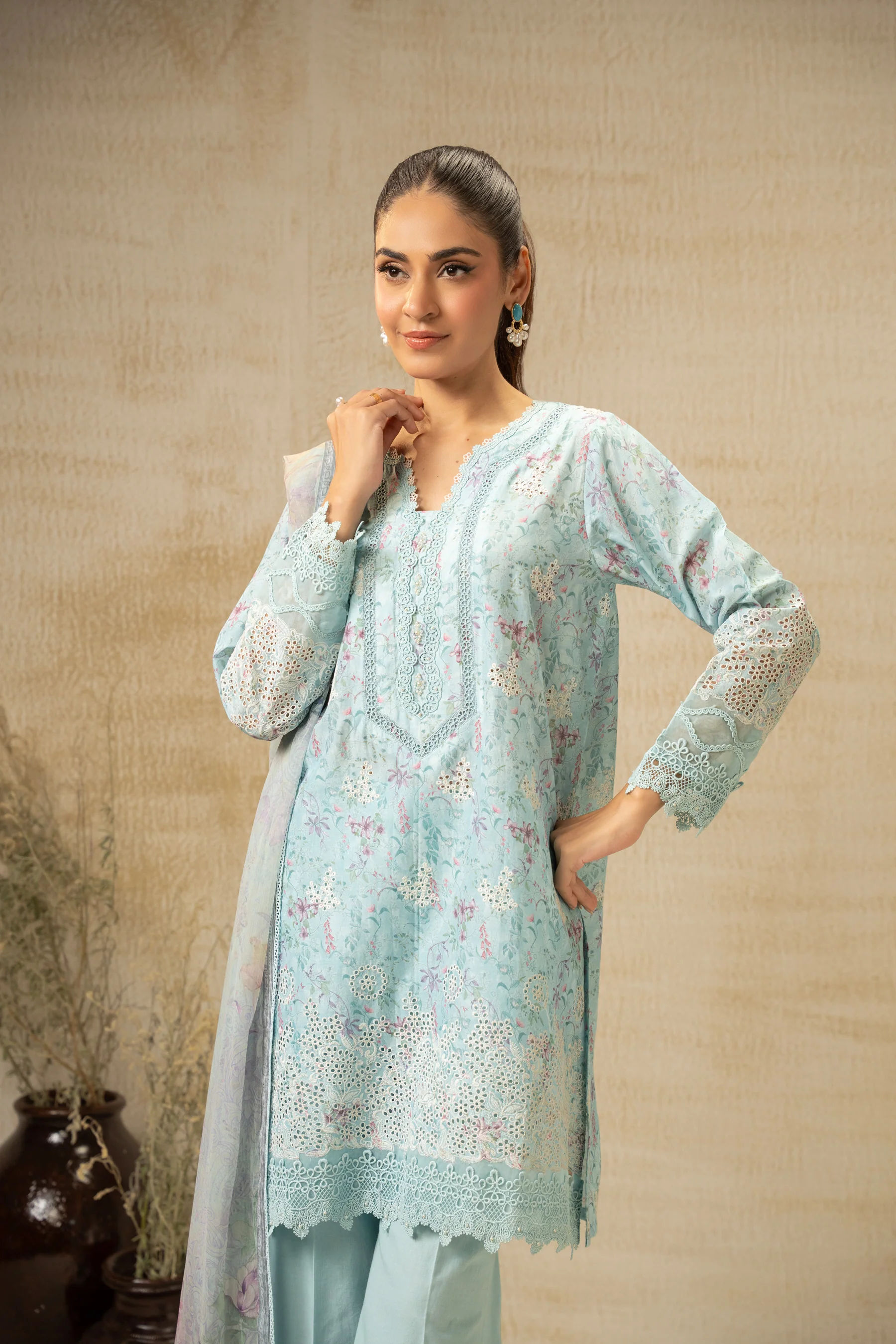 EMBROIDERED CHIKANKARI UNSTITCHED 3 PIECE SUIT - Image 7