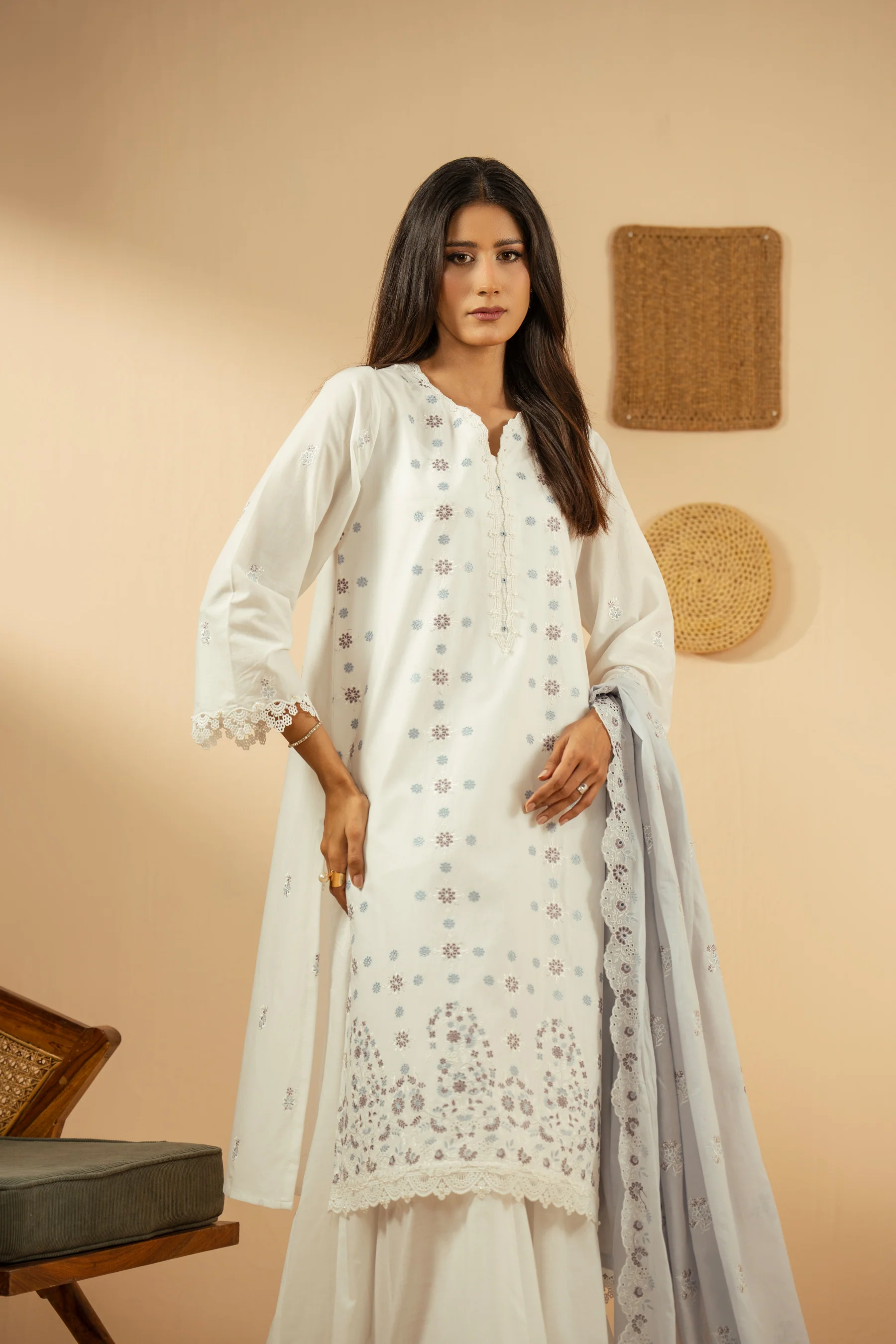 EMBROIDERED CHIKANKARI UNSTITCHED 3 PIECE SUIT - Image 6