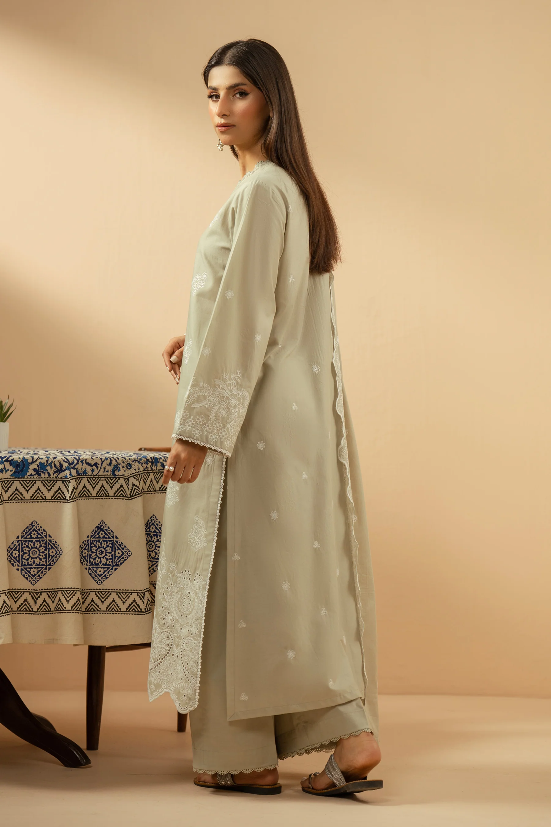 EMBROIDERED CHIKANKARI UNSTITCHED 3 PIECE SUIT - Image 3