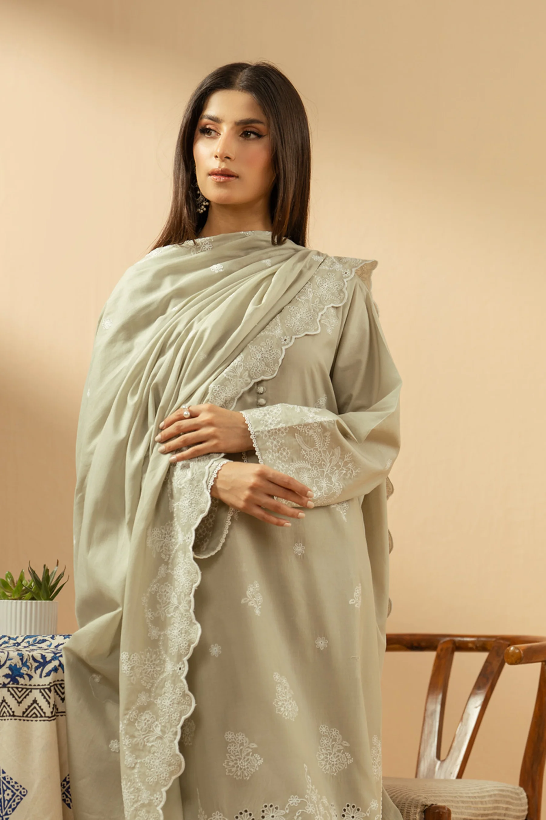 EMBROIDERED CHIKANKARI UNSTITCHED 3 PIECE SUIT - Image 6