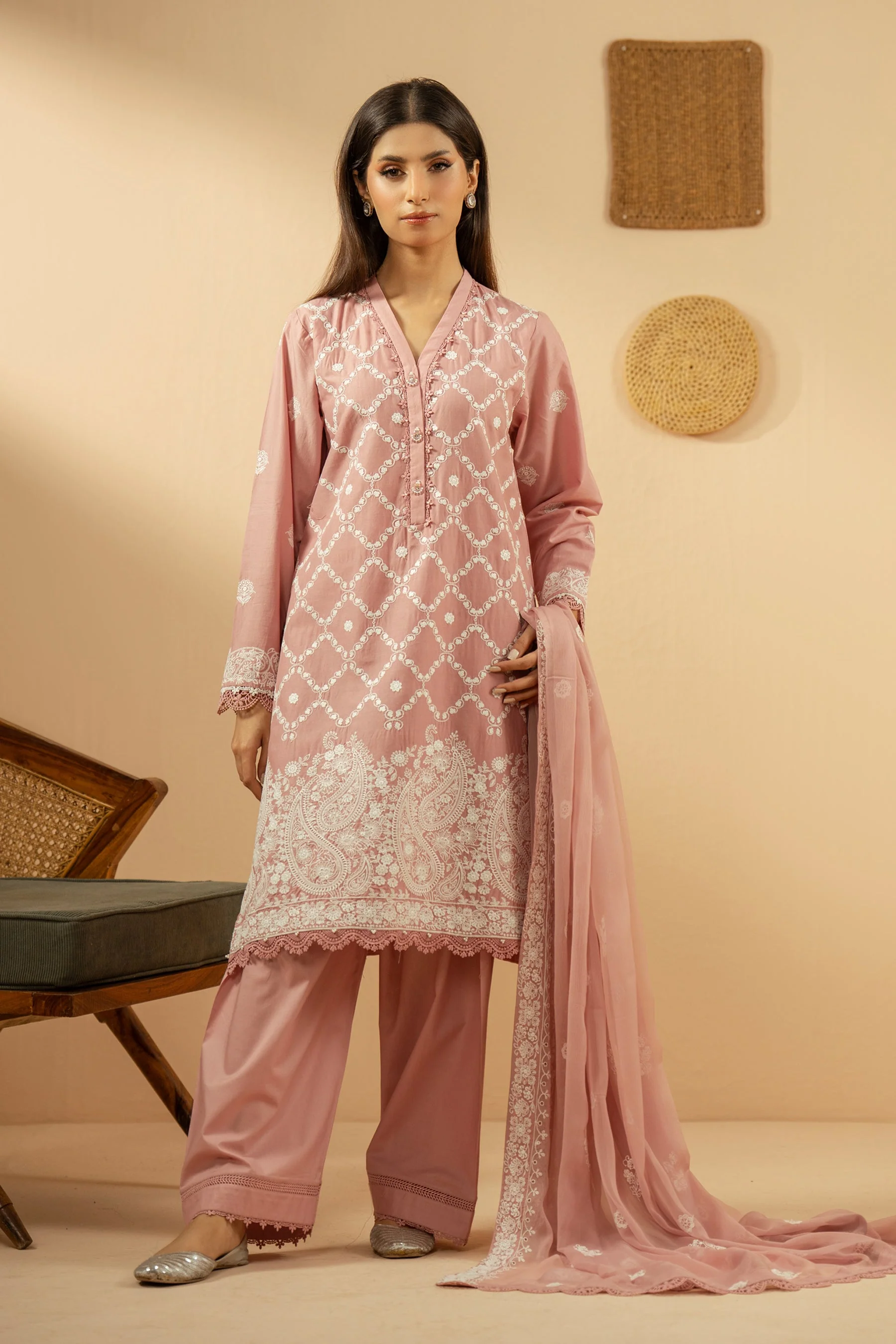 EMBROIDERED CHIKANKARI UNSTITCHED 3 PIECE SUIT (FACTORY E-OUTLET) - Image 4