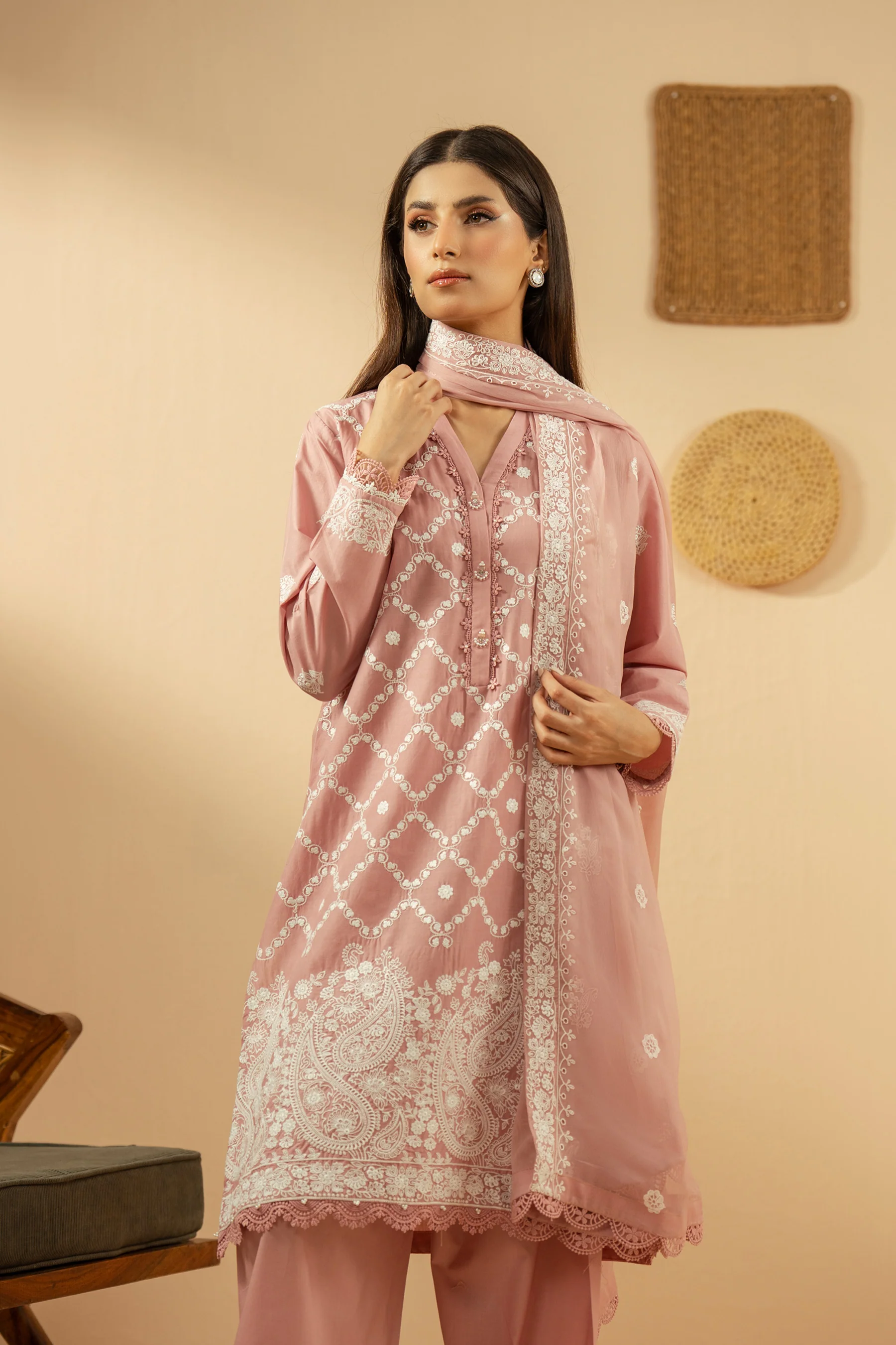 EMBROIDERED CHIKANKARI UNSTITCHED 3 PIECE SUIT - Image 5