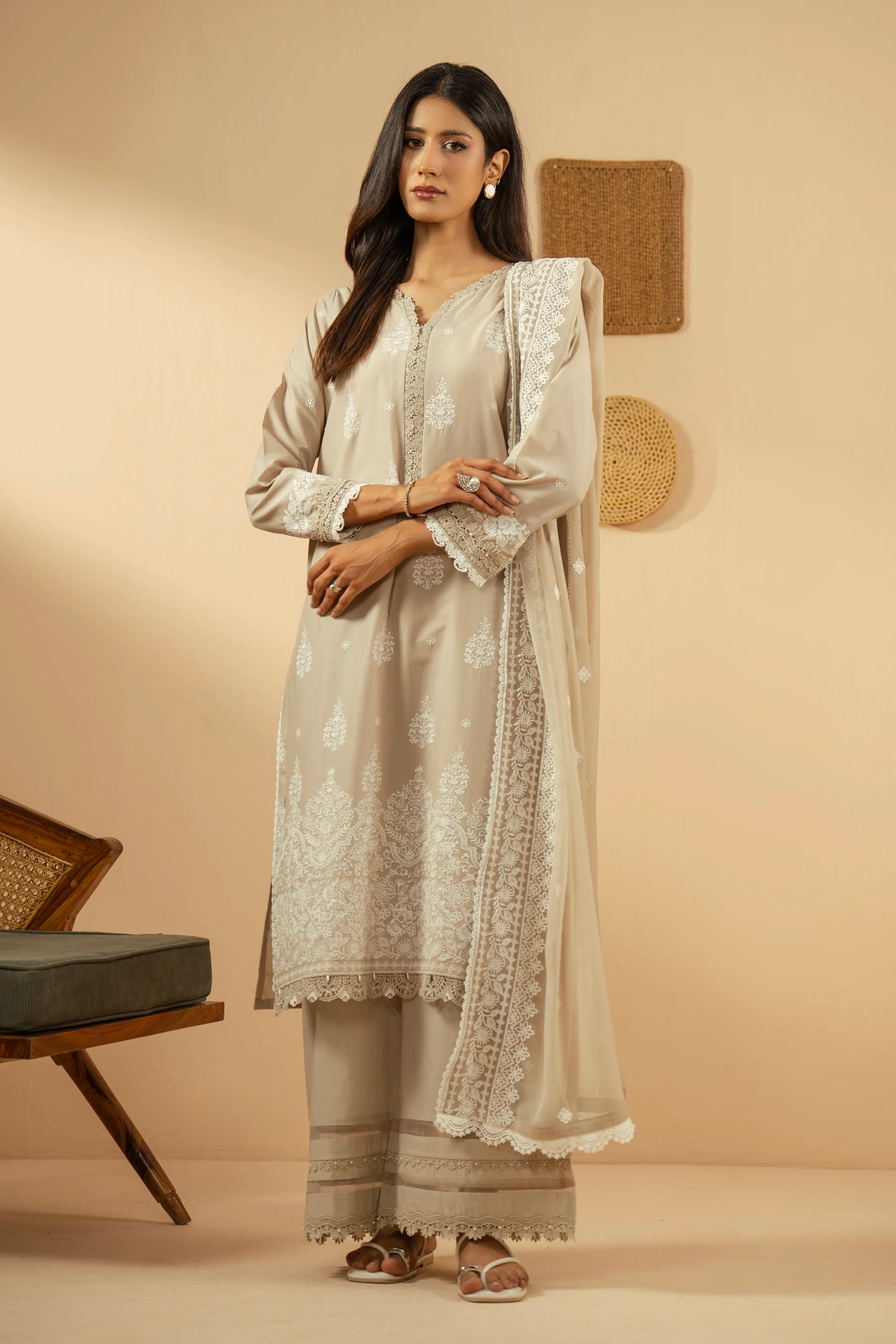 EMBROIDERED CHIKANKARI UNSTITCHED 3 PIECE SUIT - Image 6