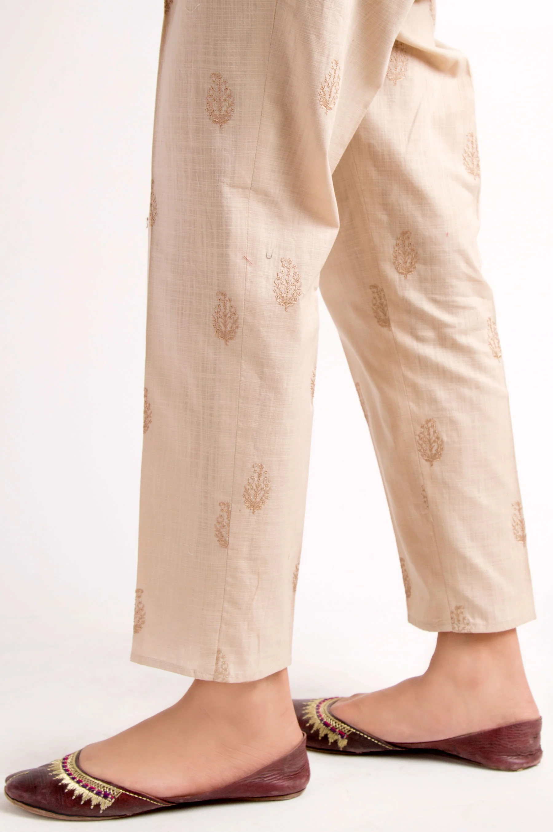 Embroidered Khaddar Pants - Beige - Image 2