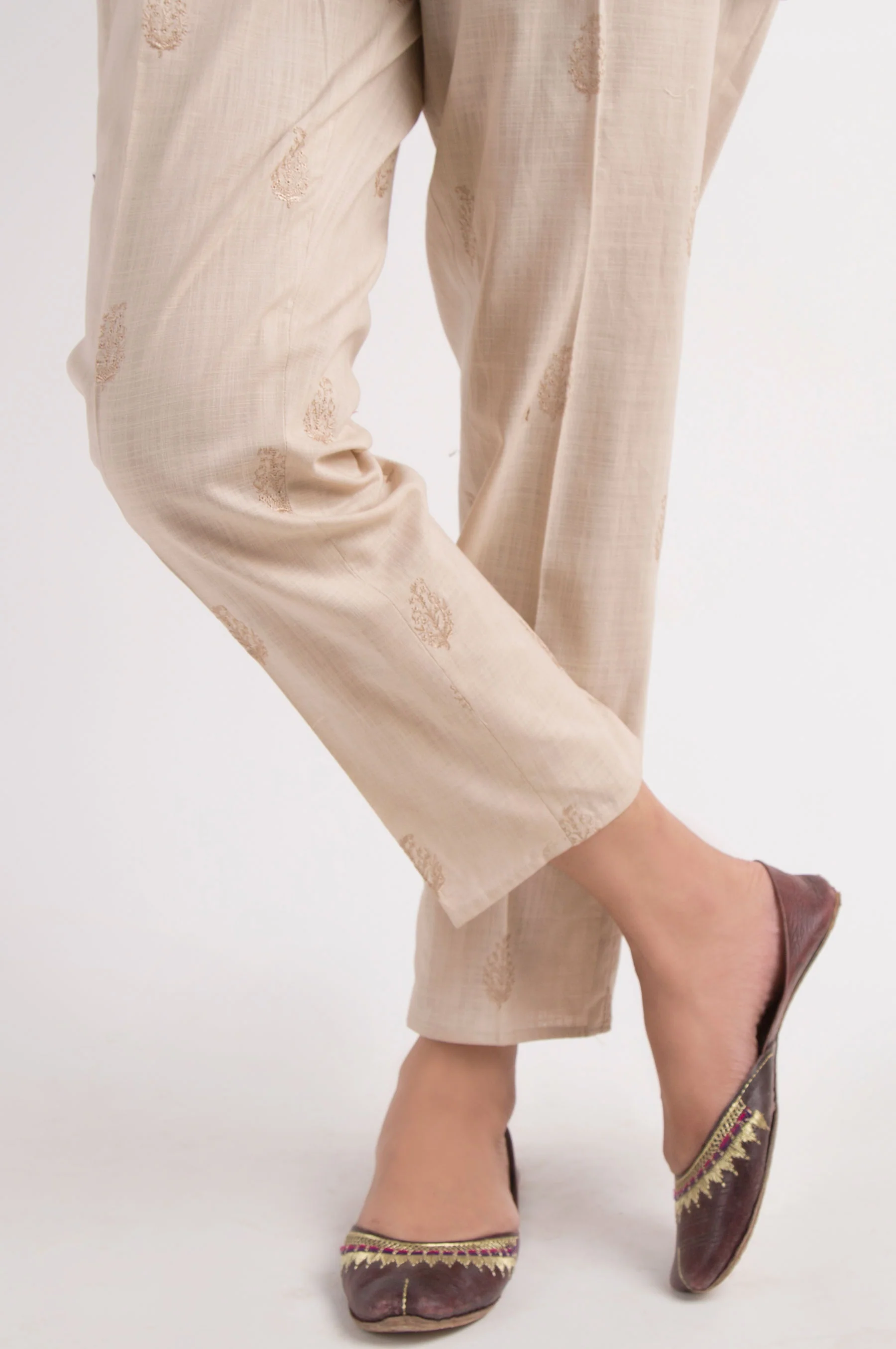 Embroidered Khaddar Pants - Beige - Image 3