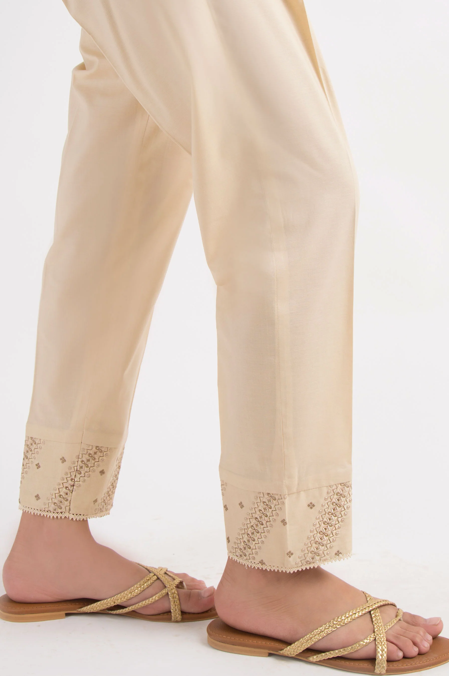 Embroidered Cambric Cigarette Pants - Beige - Image 3