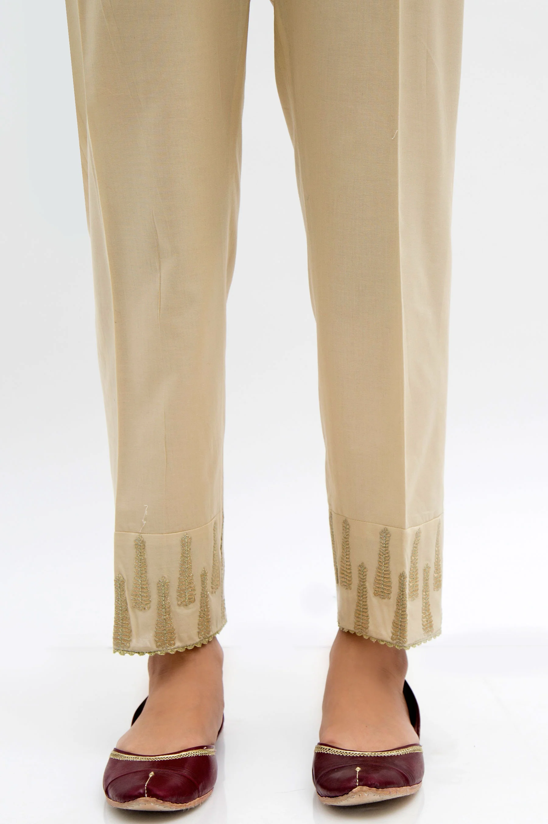 Embroidered Cambric Cigarette Pants  - Beige