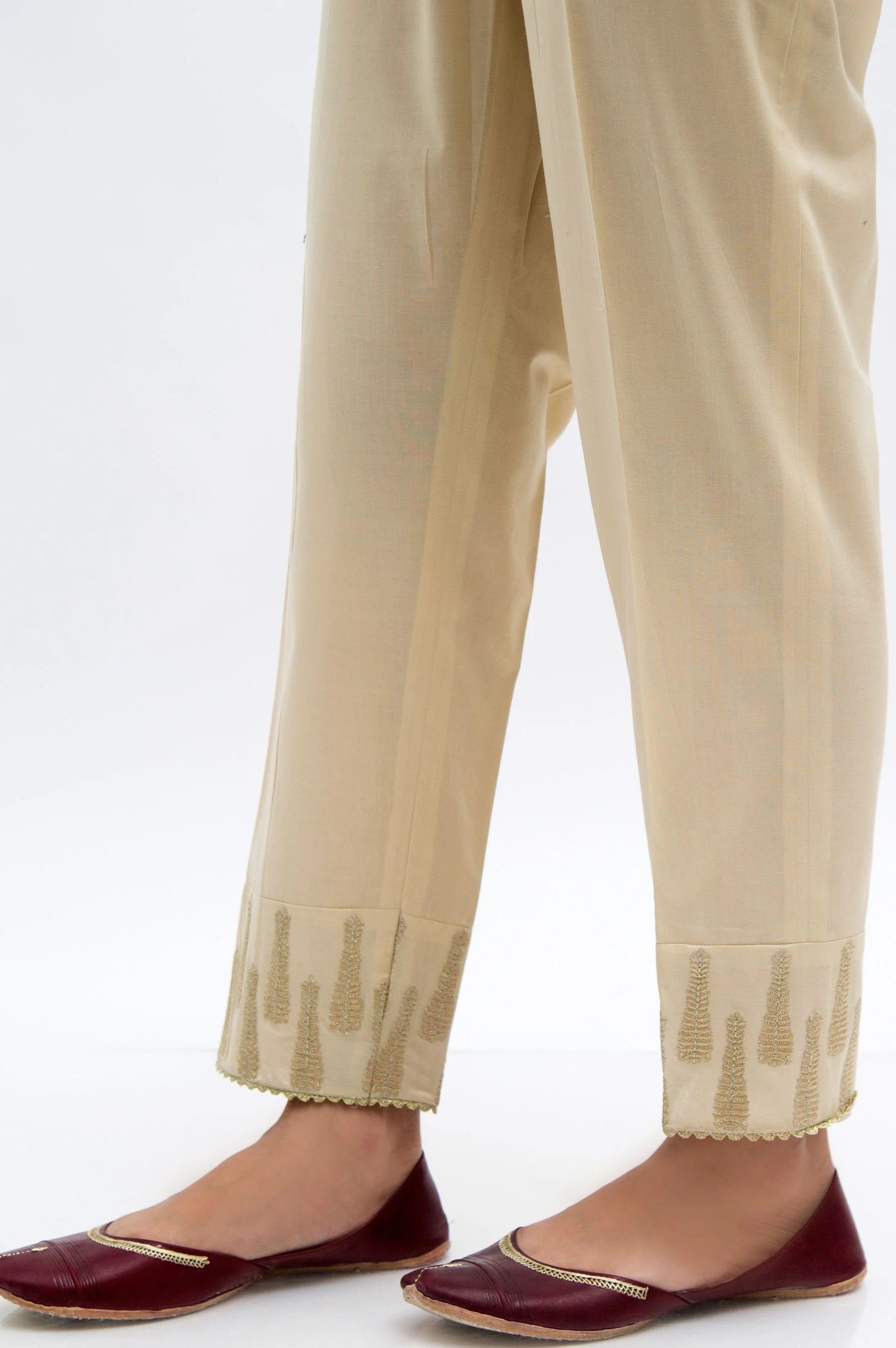 Embroidered Cambric Cigarette Pants  - Beige - Image 3