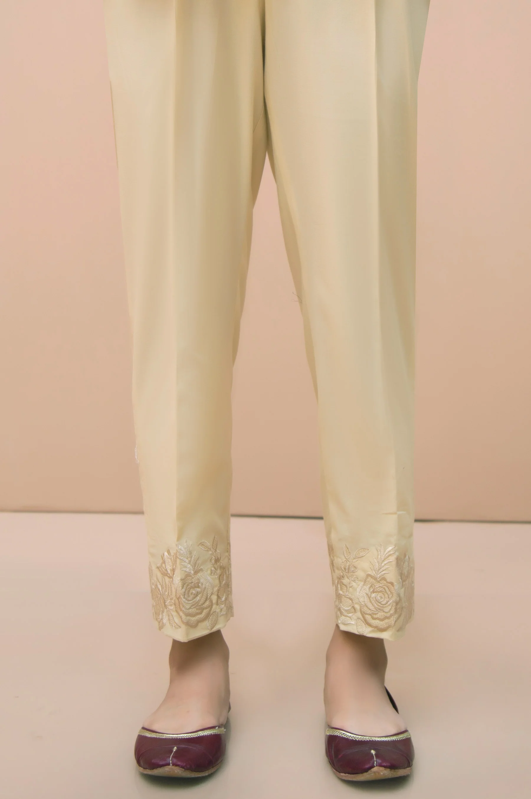 Embroidered Cigarette Pants - Beige