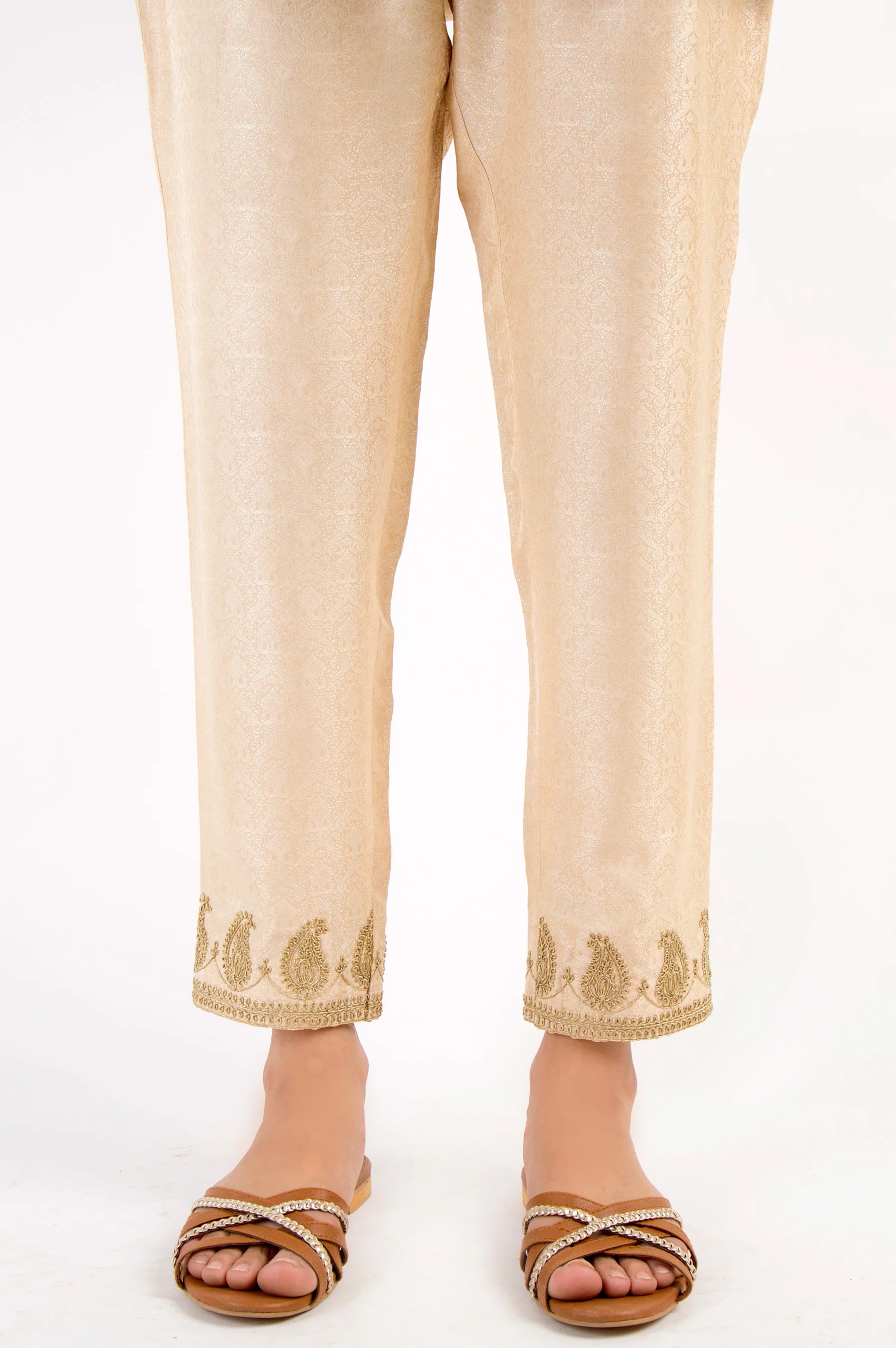 Embroidered Cigarette Pants - Beige