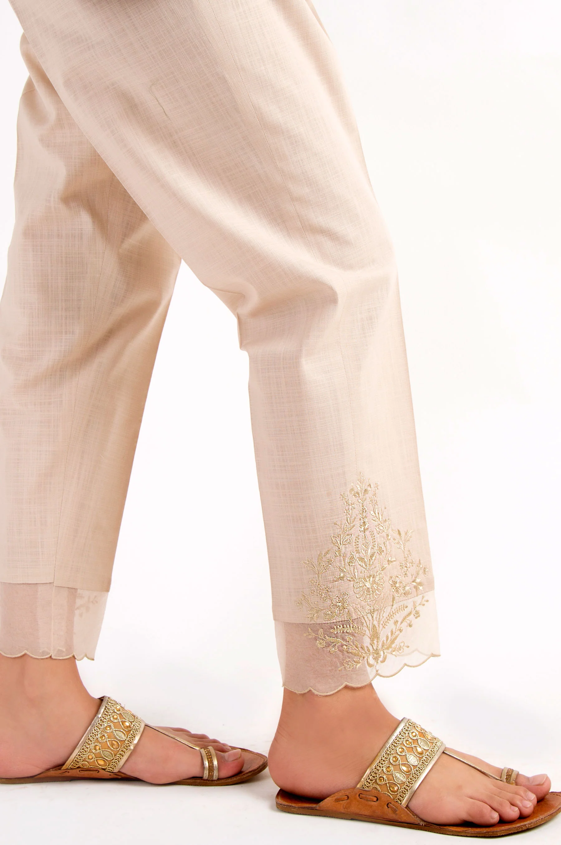 Cotton Slub Embroidered Cigarette Pants - Beige - Image 2