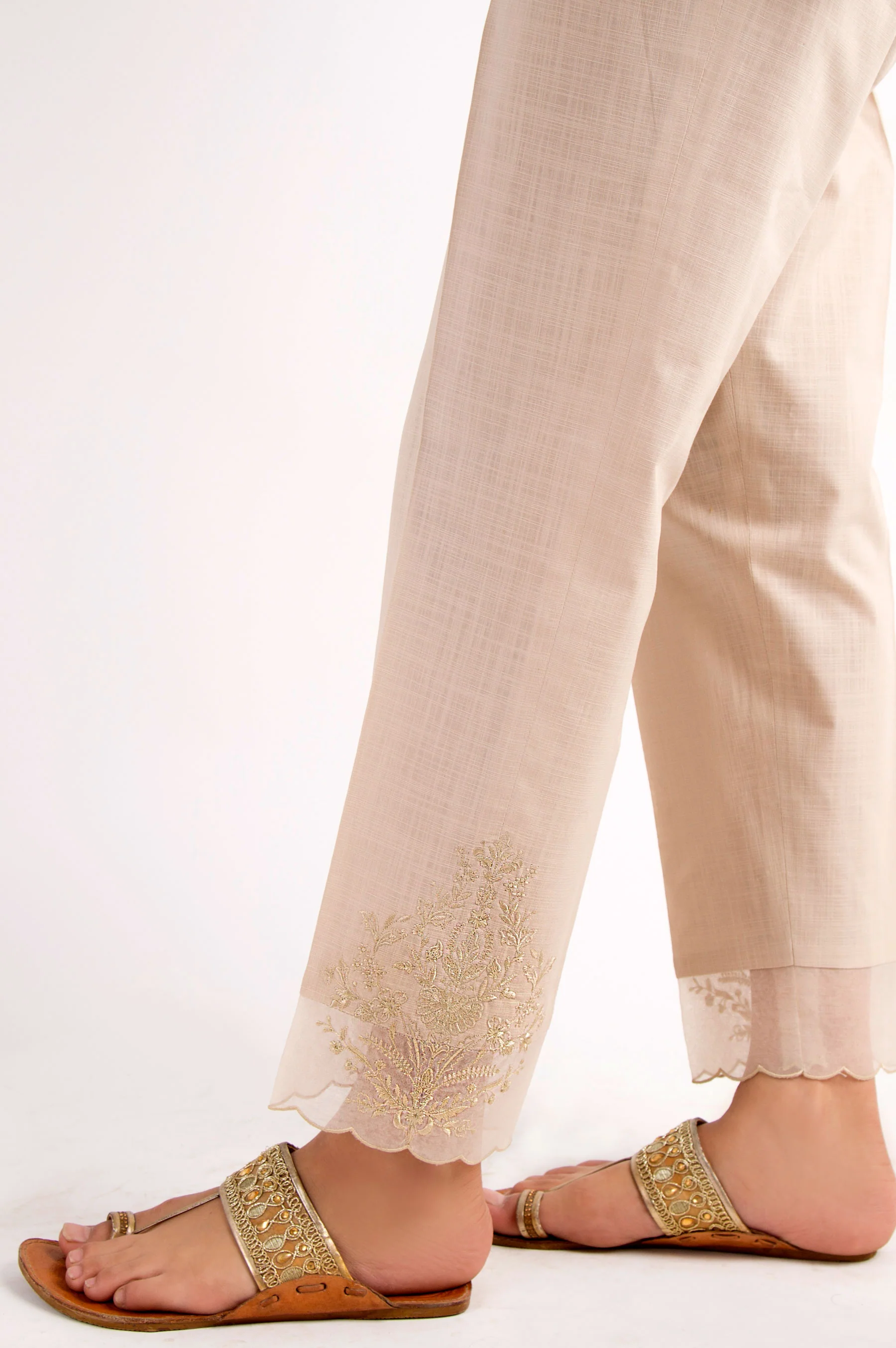 Cotton Slub Embroidered Cigarette Pants - Beige - Image 3