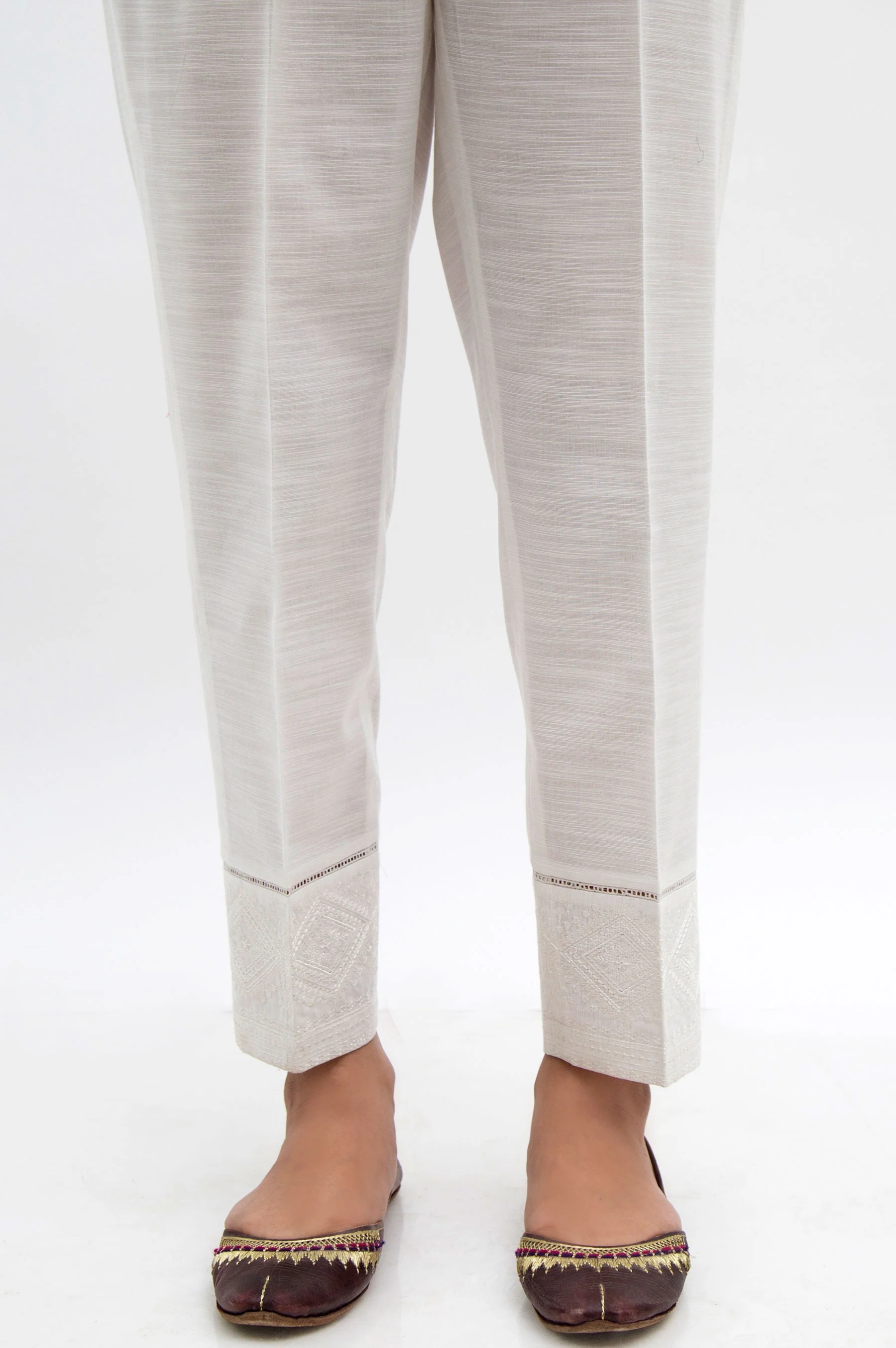 Embroidered Cotton Slub Cigarette Pants - White