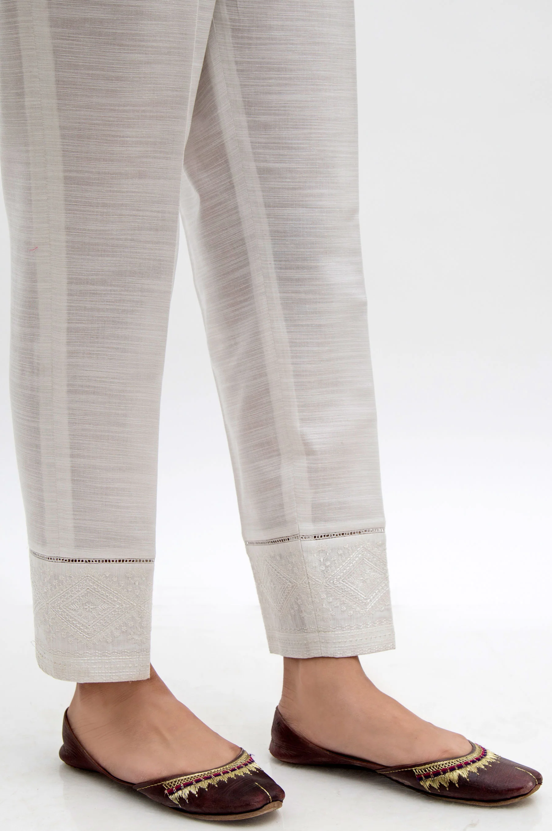Embroidered Cotton Slub Cigarette Pants - White - Image 2