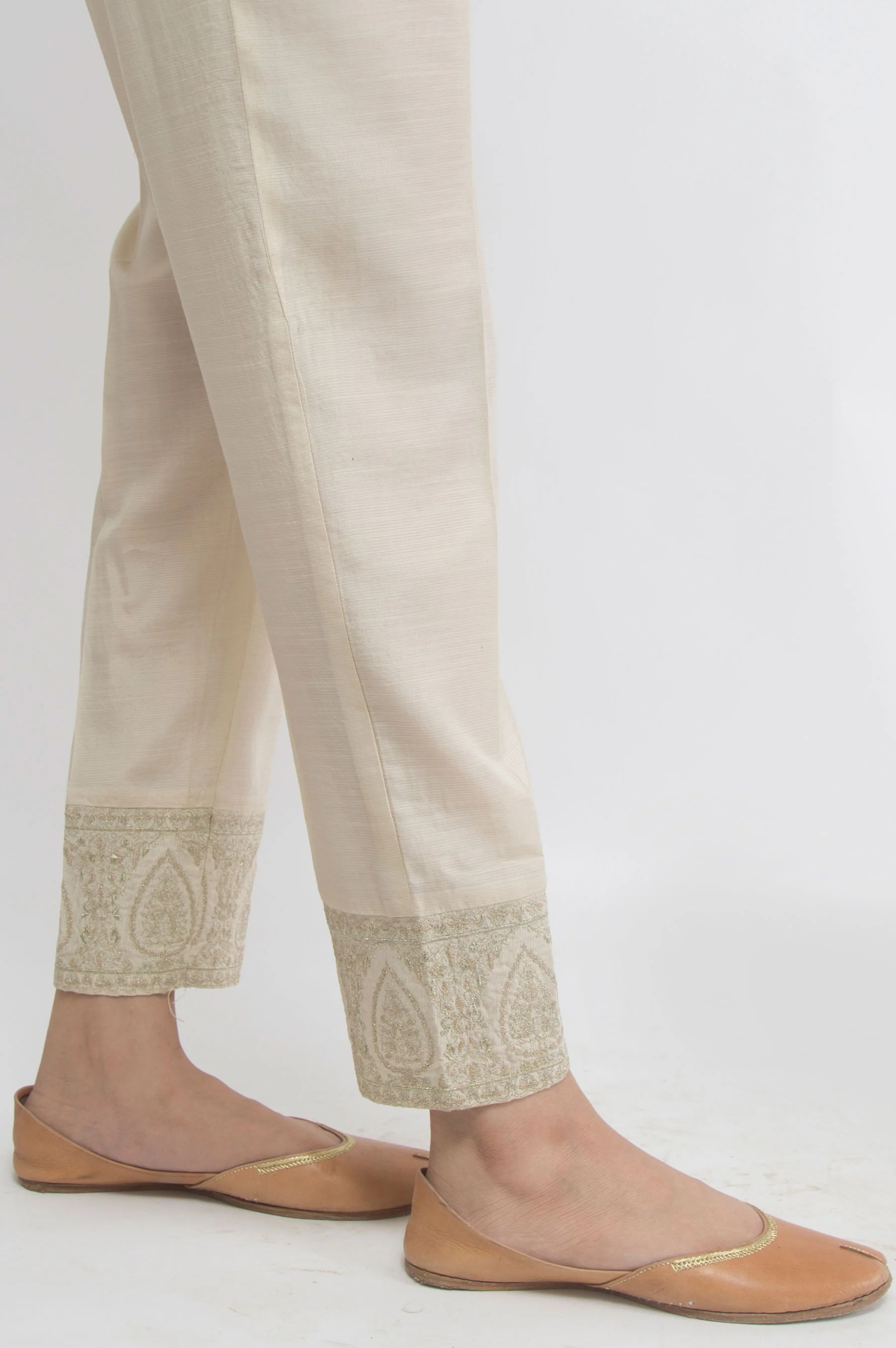 Embroidered Raw Silk Pants - Light Beige - Image 2