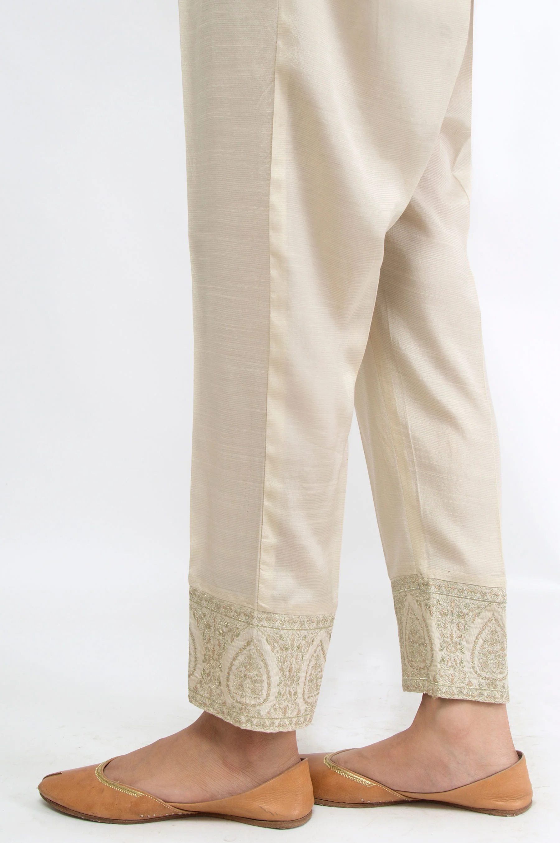 Embroidered Raw Silk Pants - Light Beige - Image 3