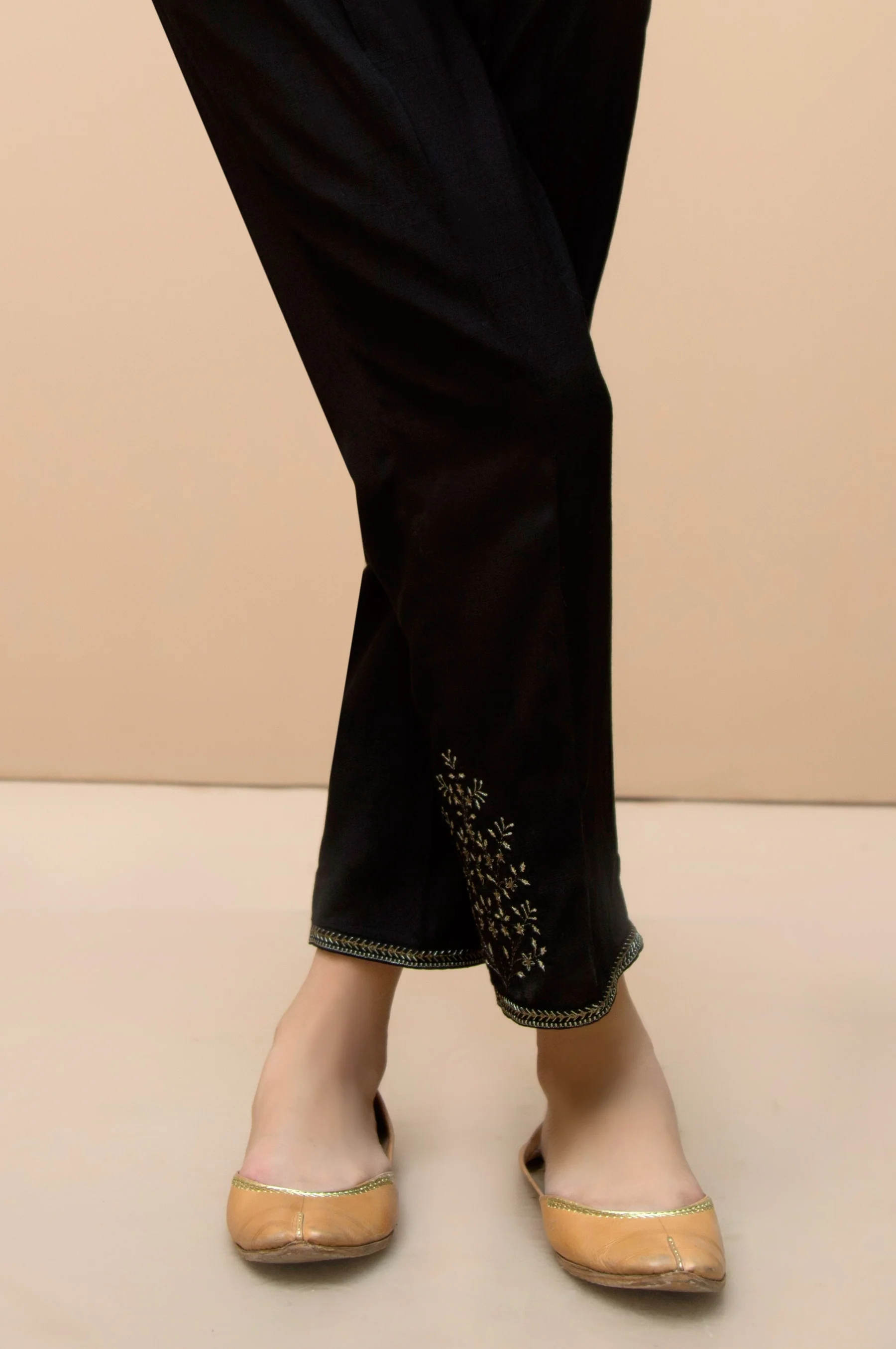 Embroidered Raw Silk Cigarette Pants - Black