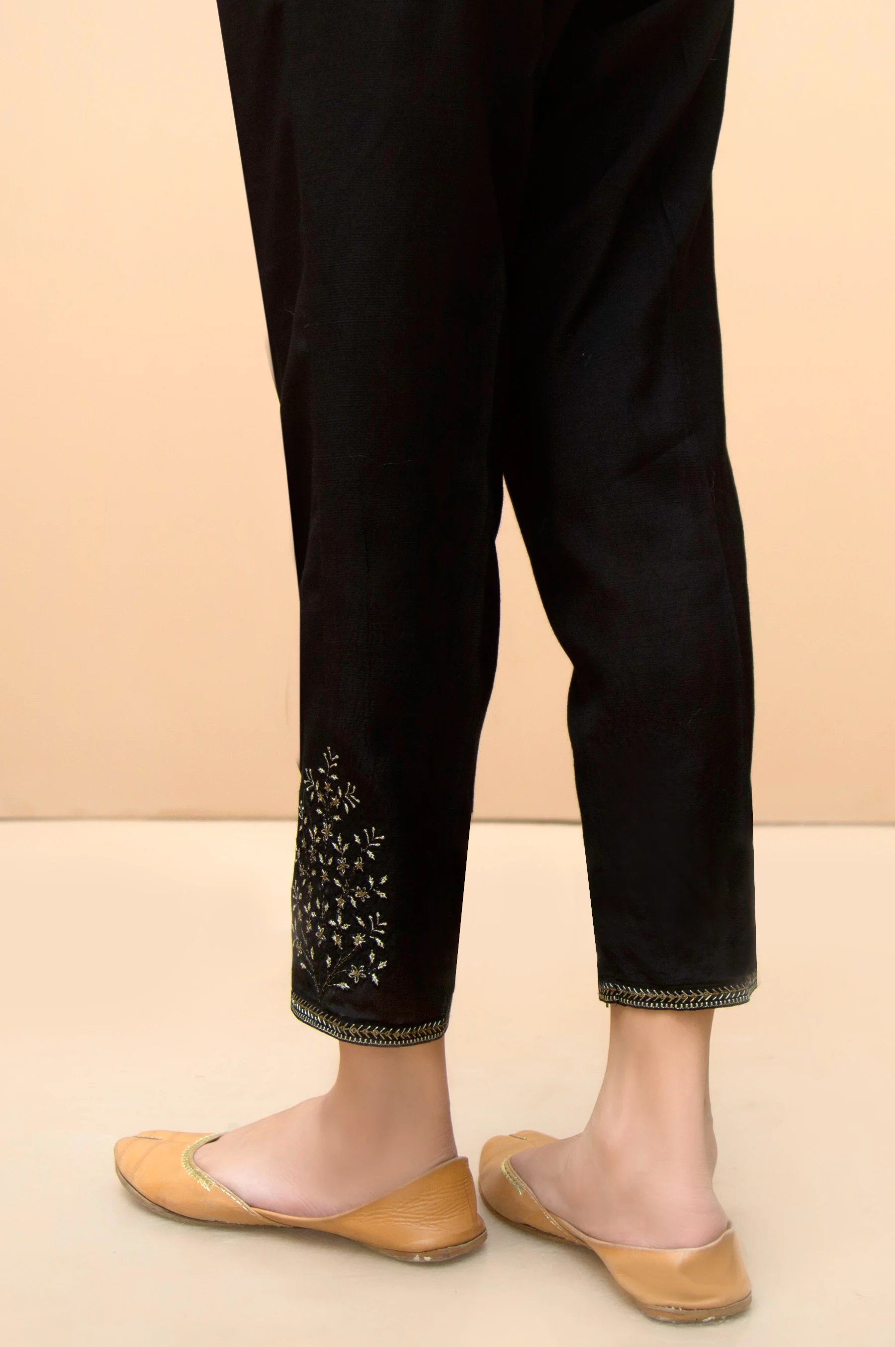 Embroidered Raw Silk Cigarette Pants - Black - Image 2