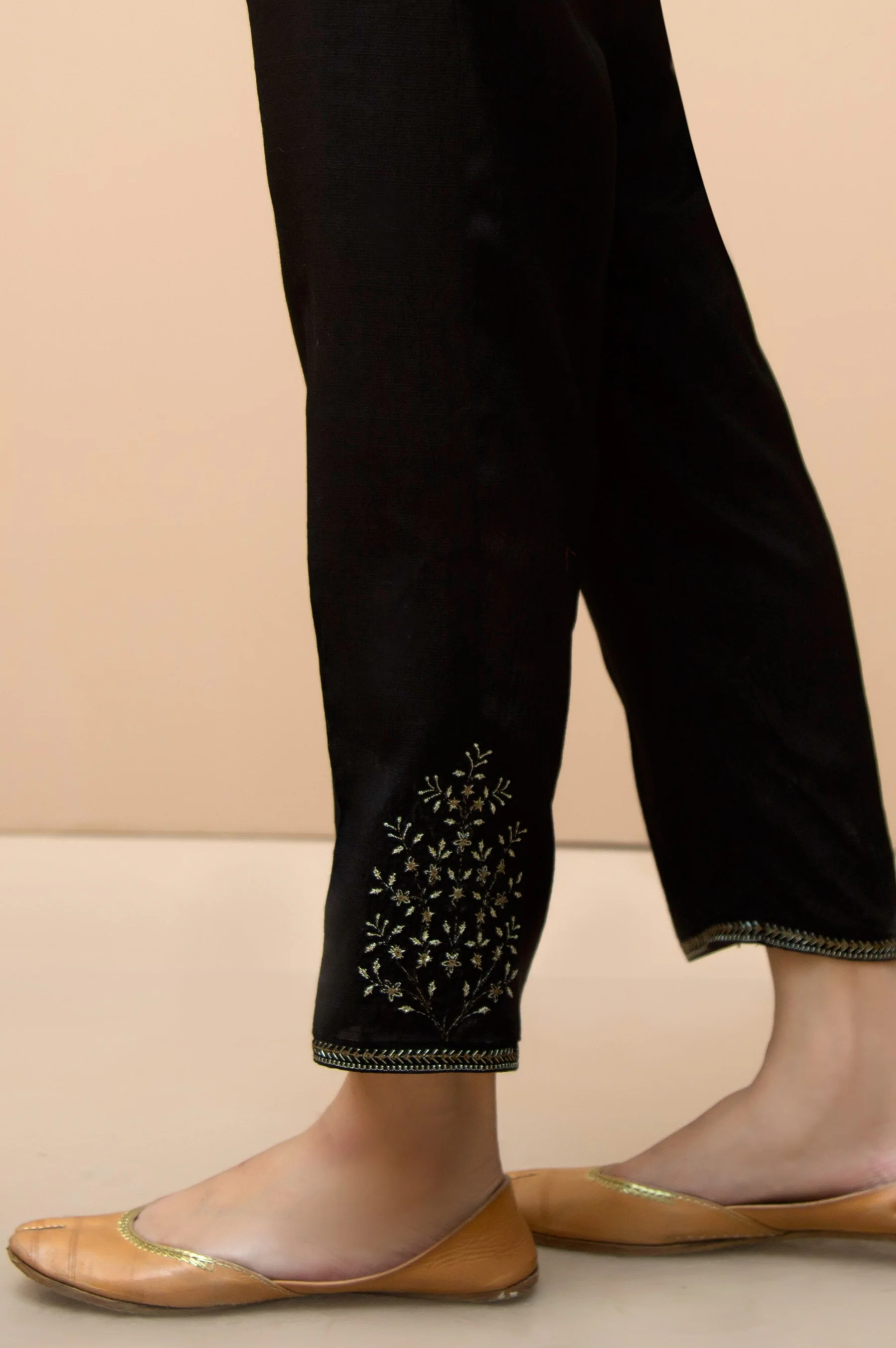 Embroidered Raw Silk Cigarette Pants - Black - Image 3