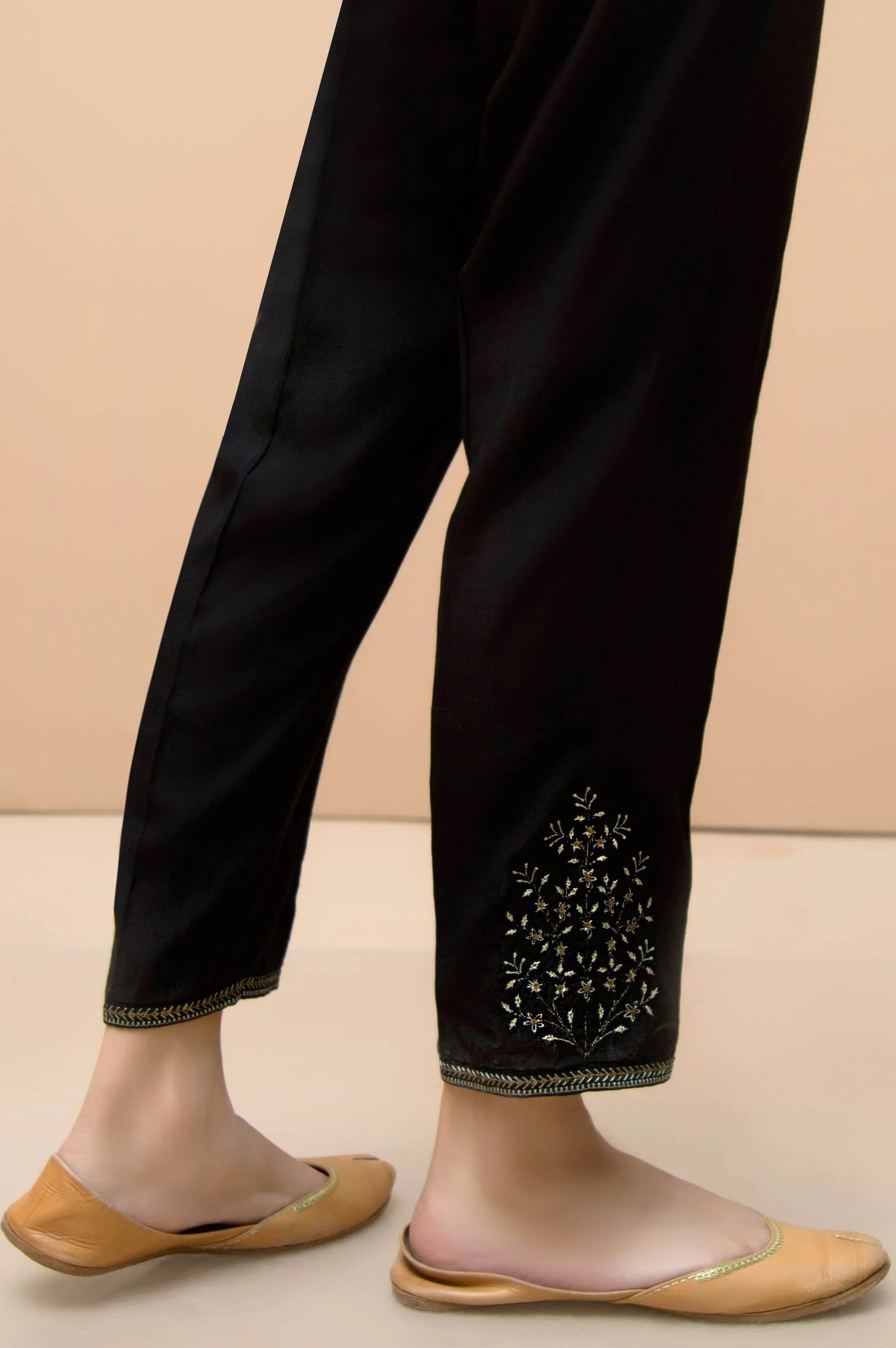 Embroidered Raw Silk Cigarette Pants - Black - Image 4