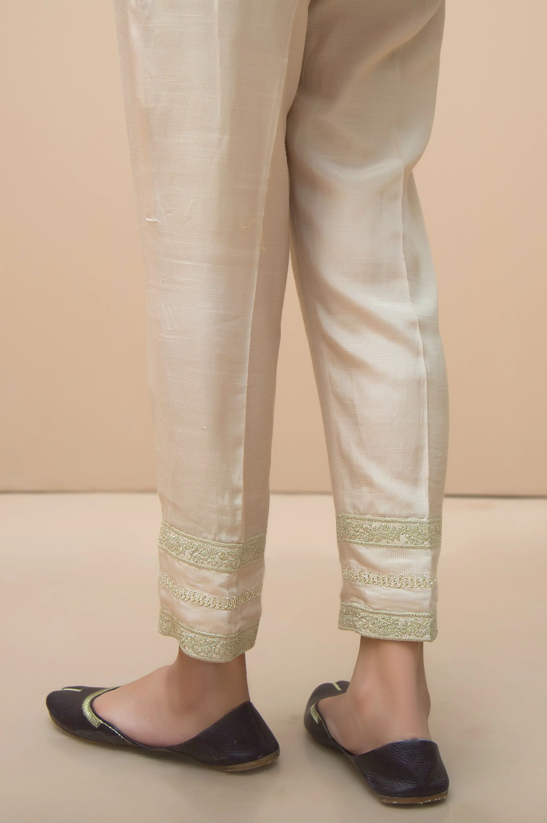 Embroidered Raw Silk Cigarette Pants - Beige - Image 2