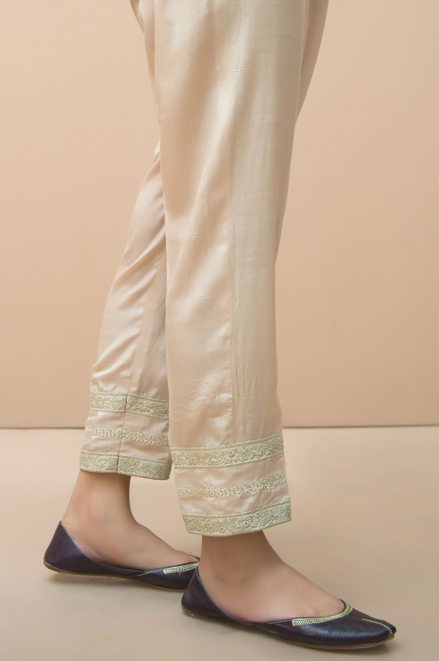 Embroidered Raw Silk Cigarette Pants - Beige - Image 3