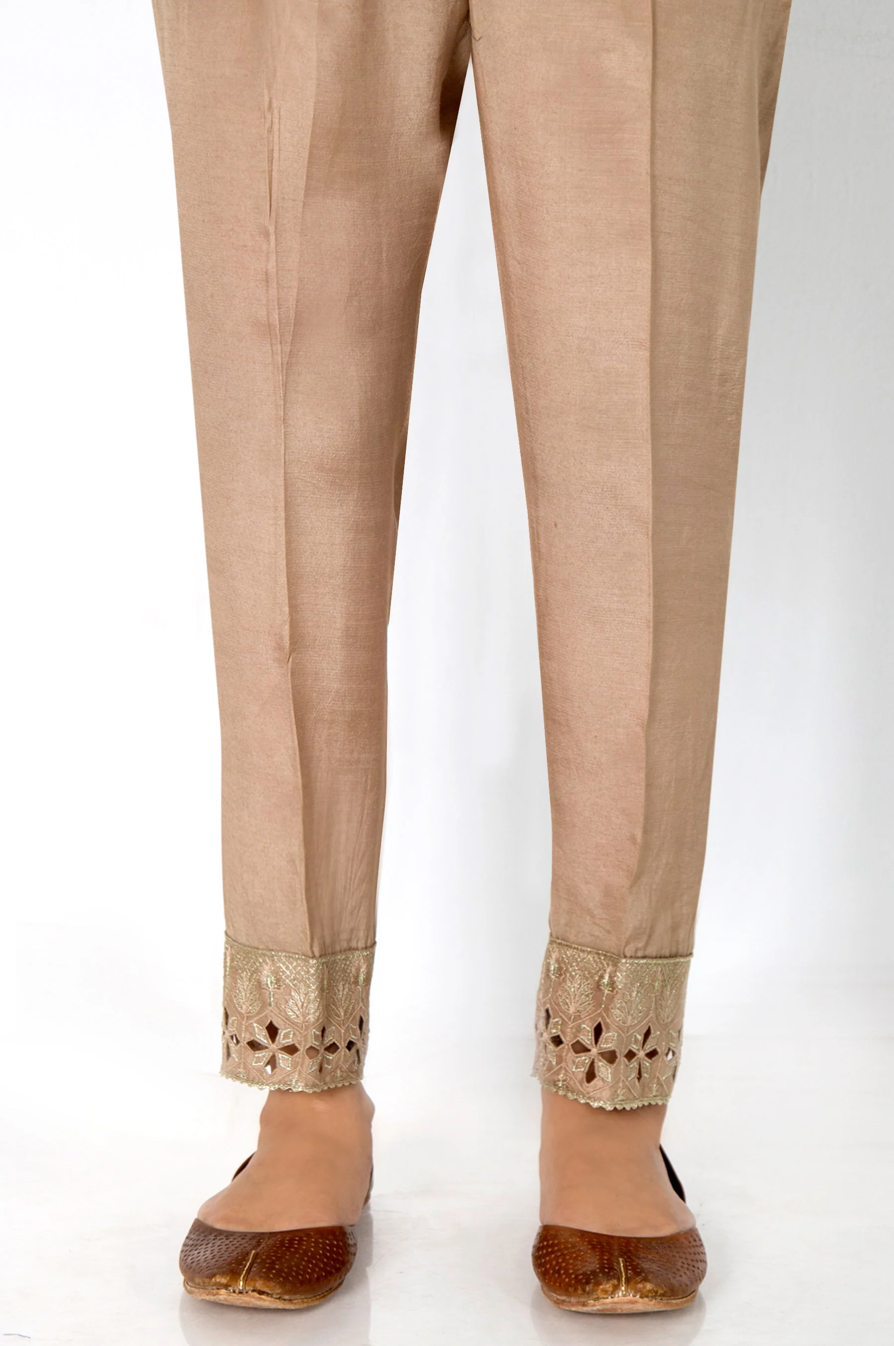 Embroidered Raw Silk Cigarette Pants - Beige
