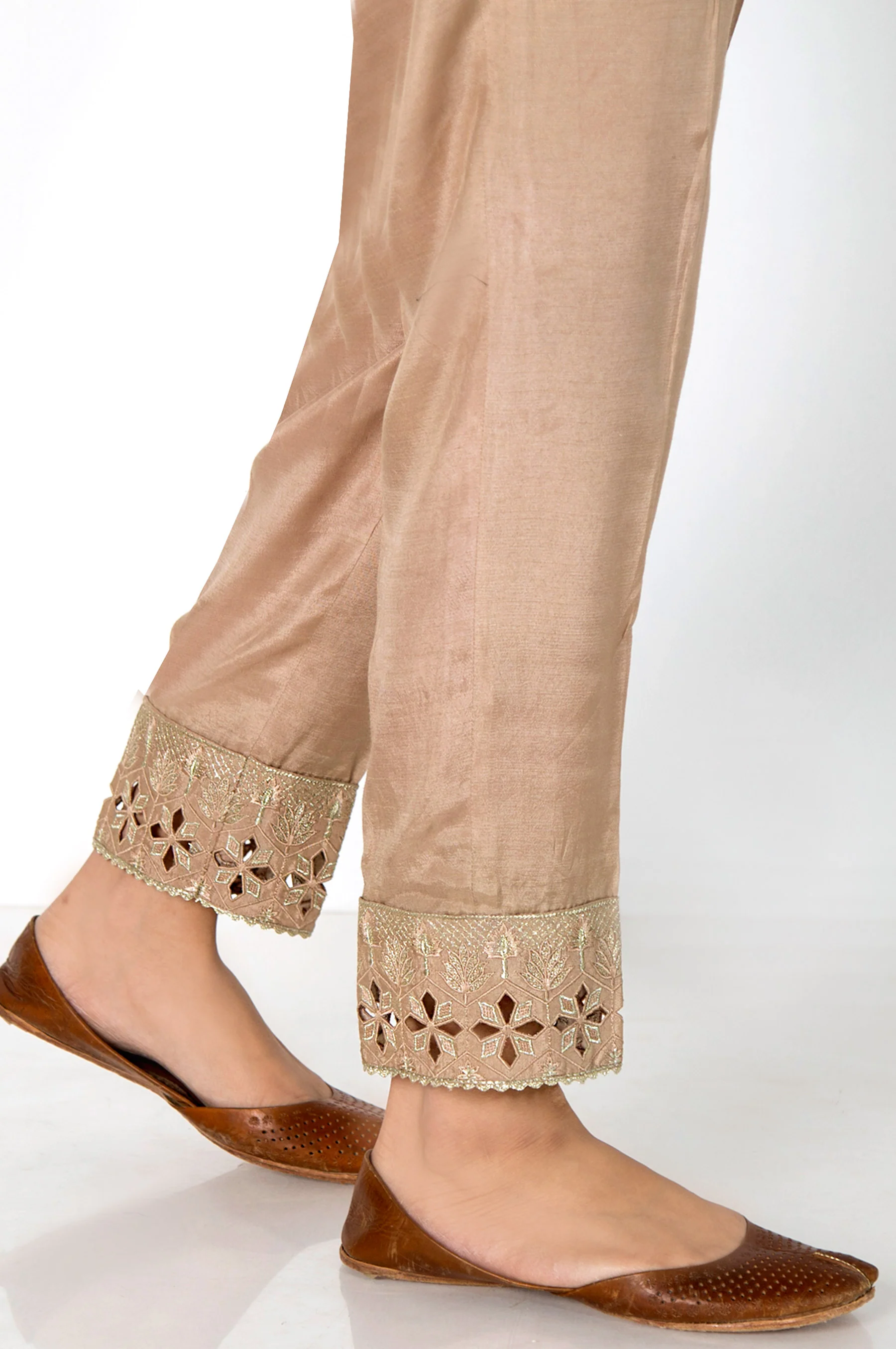 Embroidered Raw Silk Cigarette Pants - Beige - Image 2