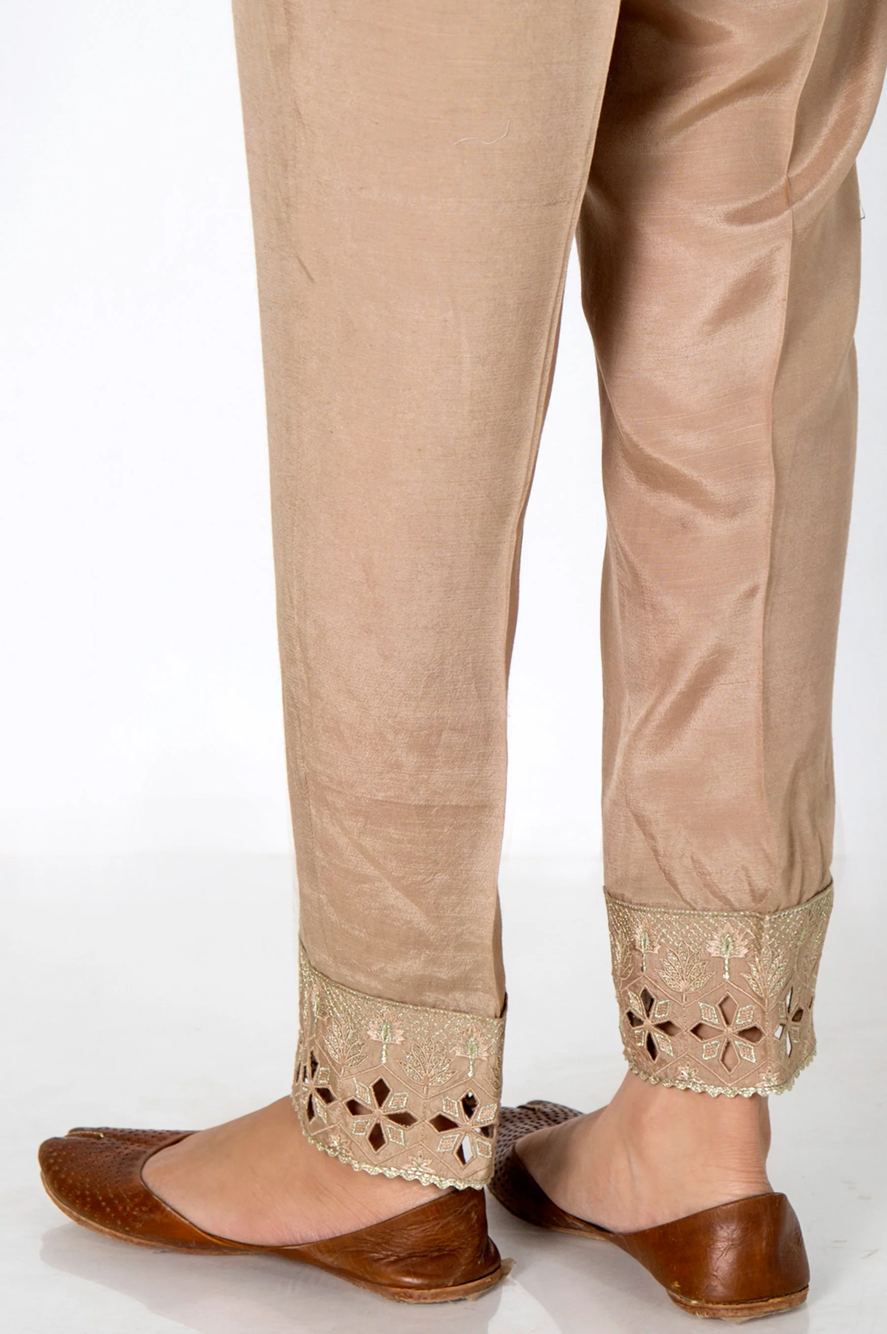 Embroidered Raw Silk Cigarette Pants - Beige - Image 3
