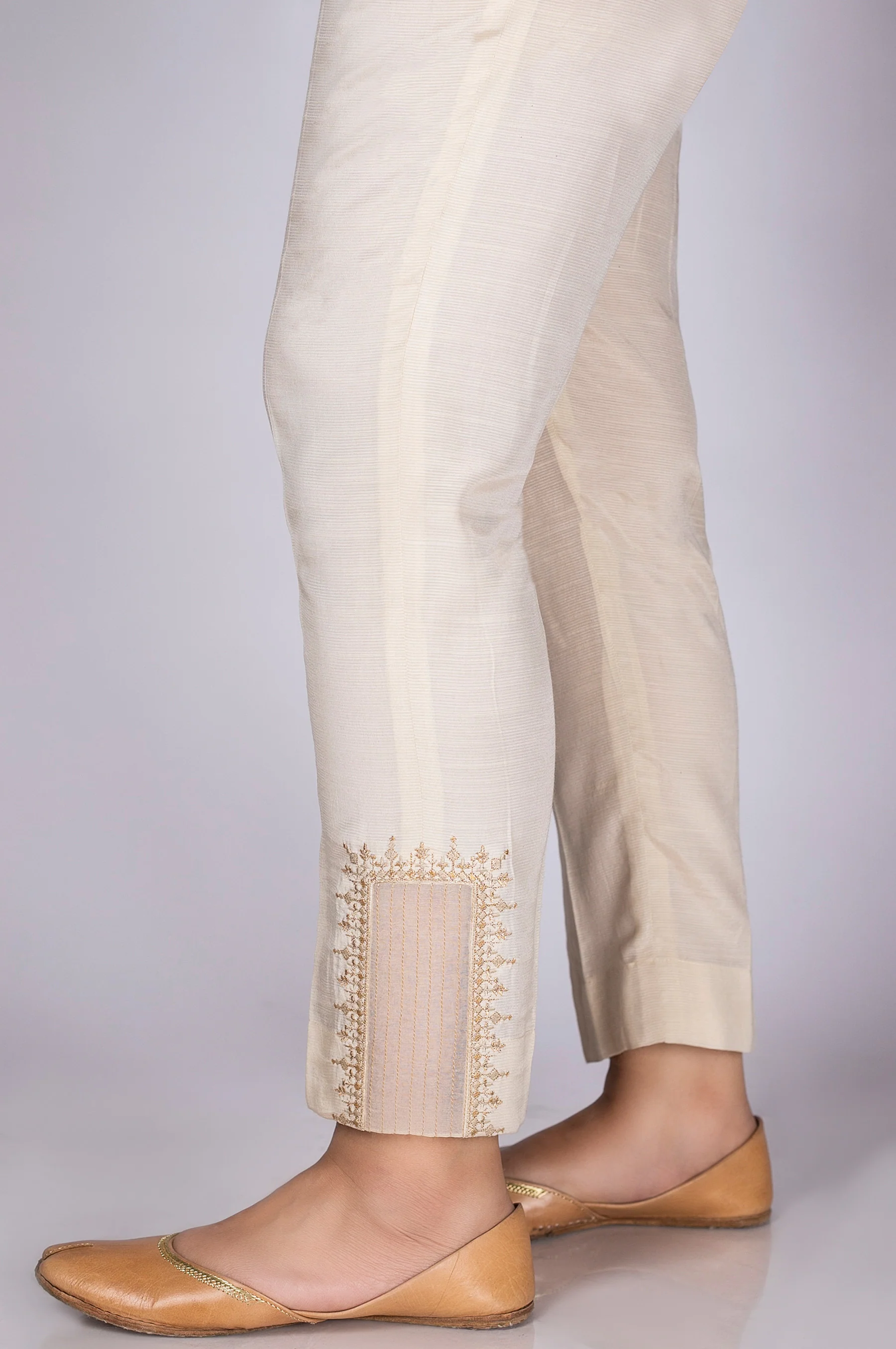 Embroidered Cigarette Pants - Light Beige