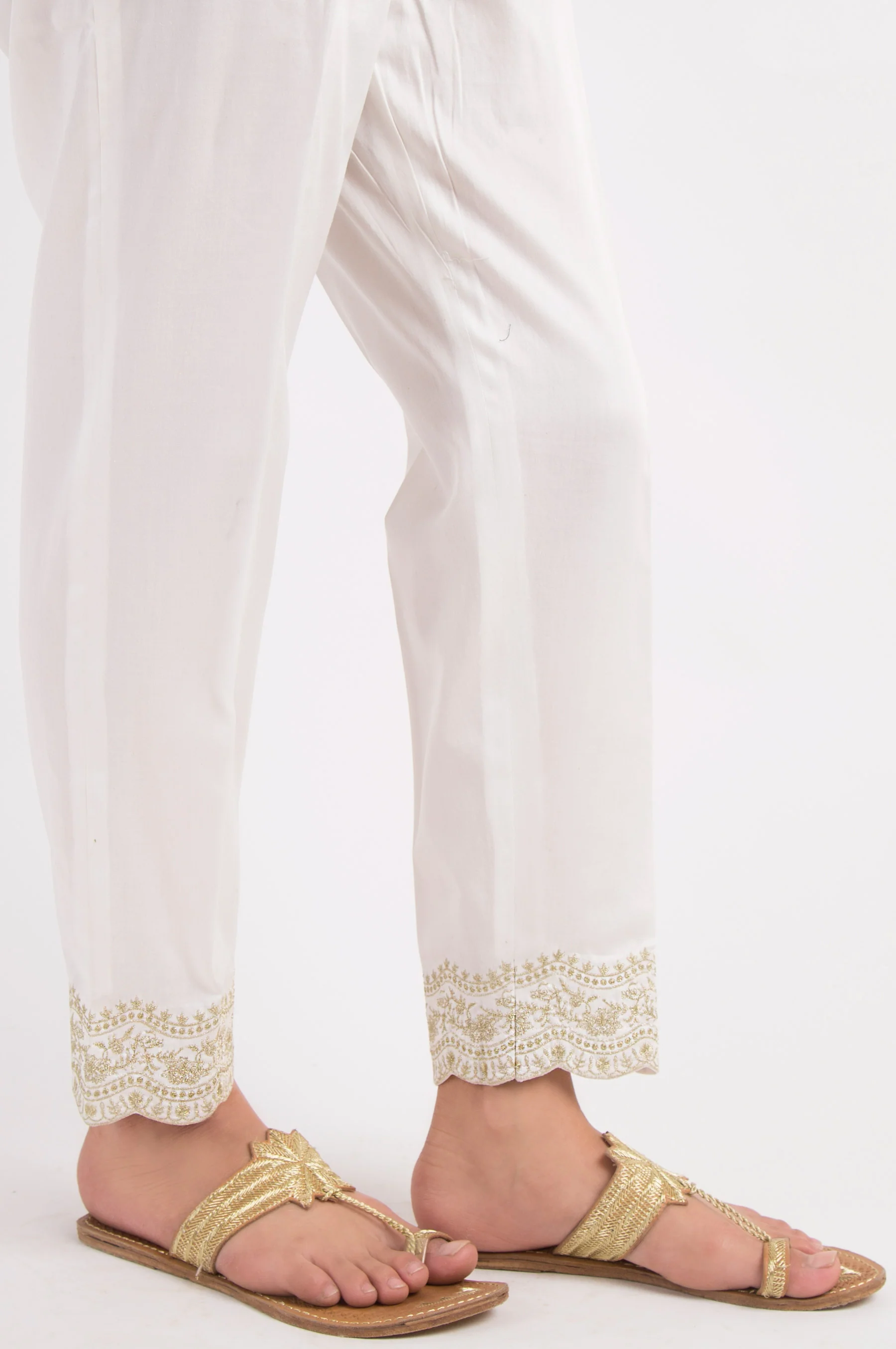 Embroidered Cotton Satin Pants - White - Image 3
