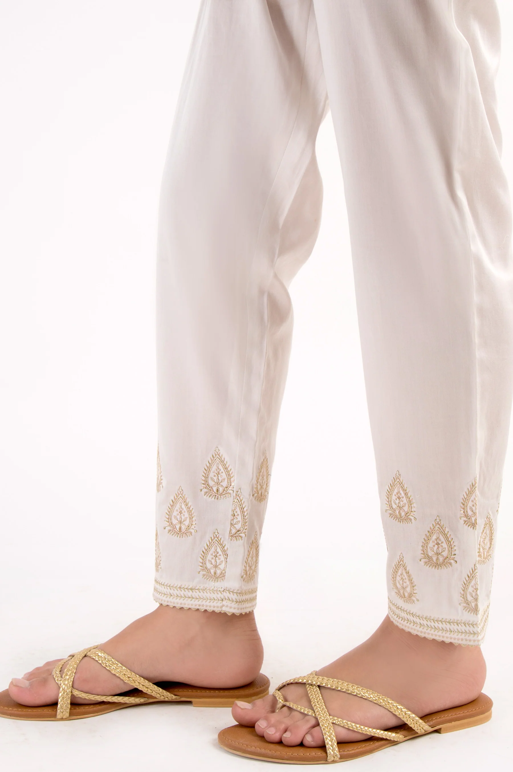 Cotton Satin Embroidered Cigarette Pants - White - Image 3