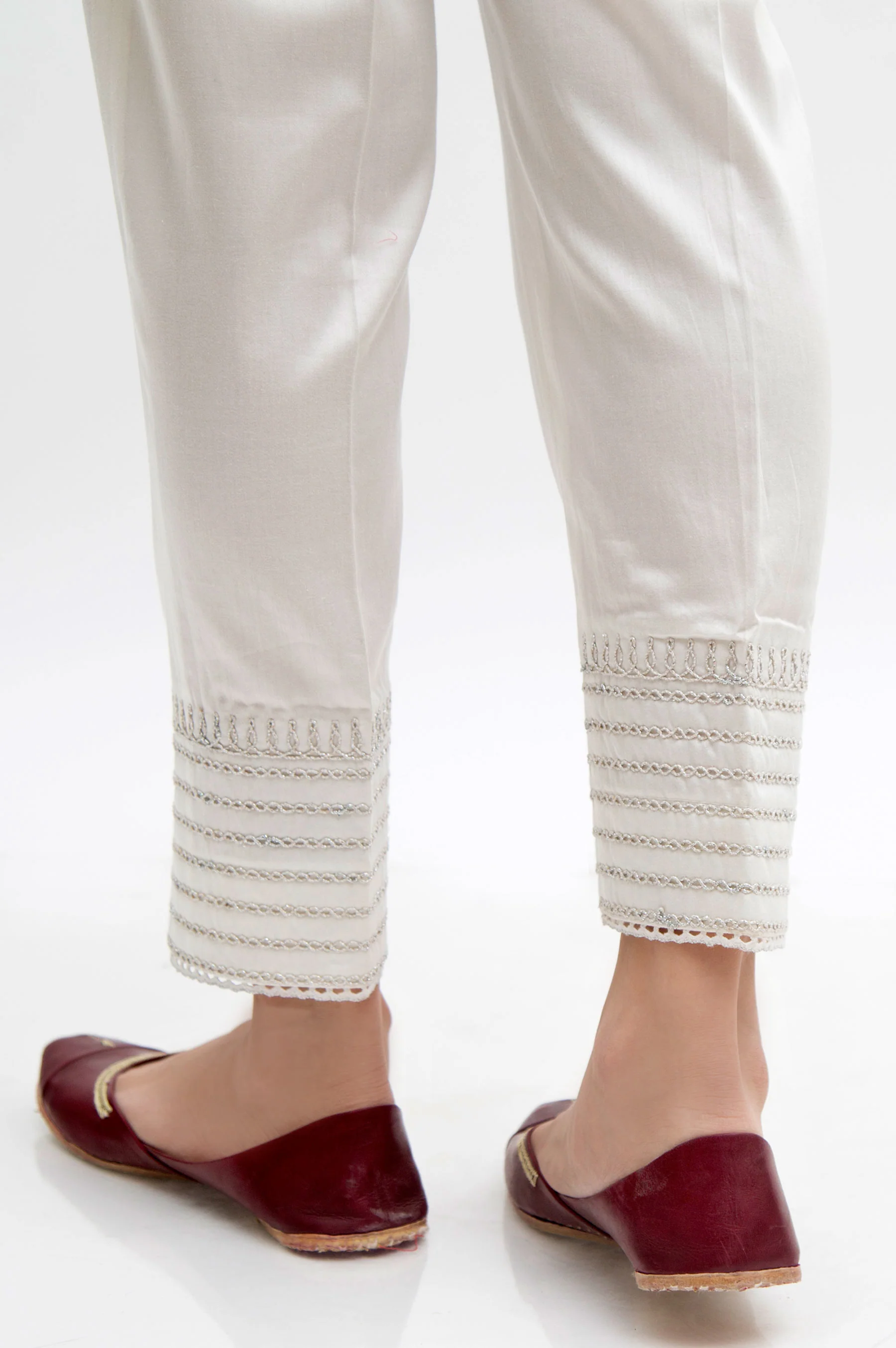 Embroidered Cotton Satin Cigarette Pants - White - Image 2
