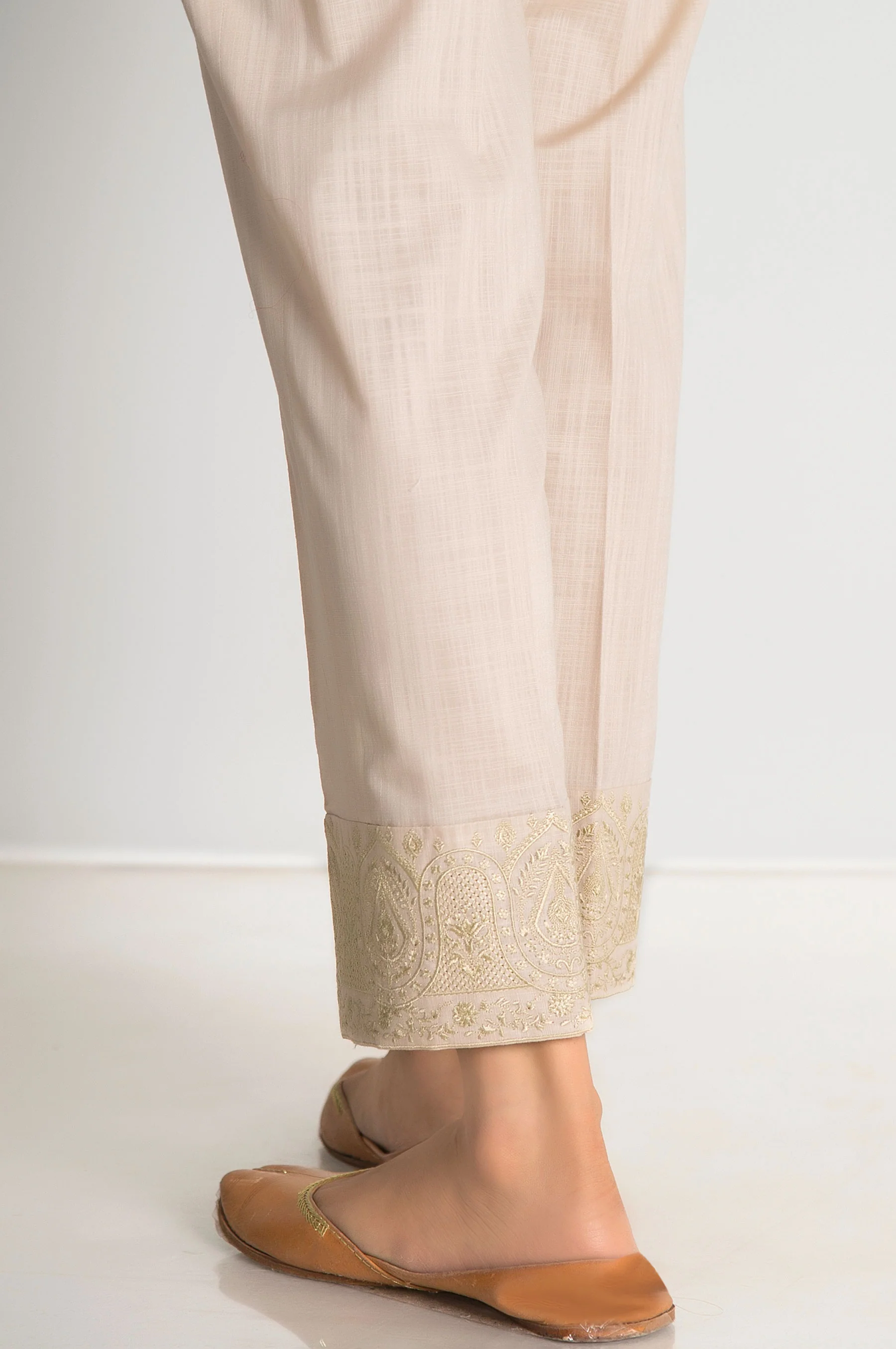 Embroidered Cotton Slub Cigarette Pants - Beige - Image 2