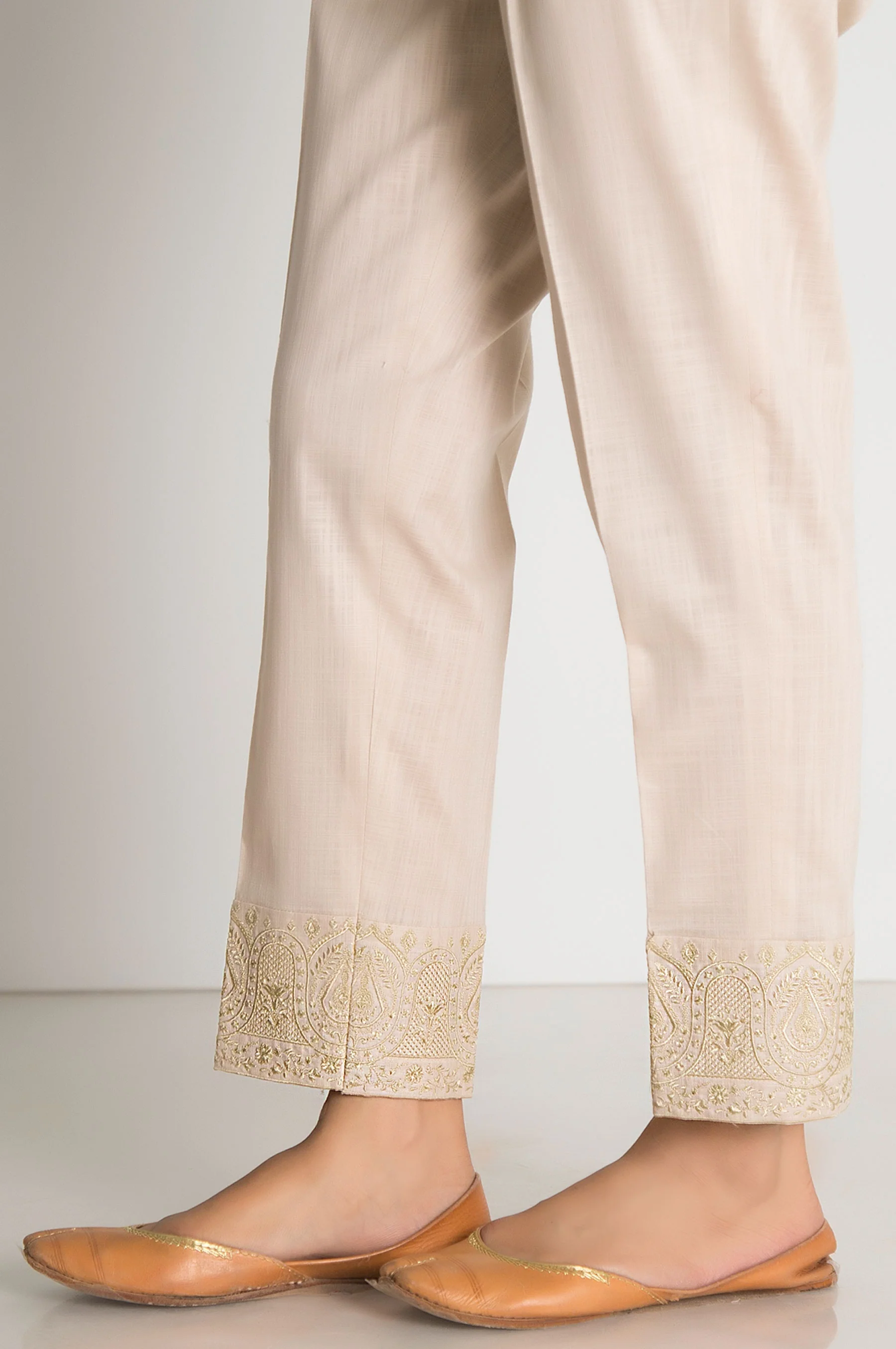 Embroidered Cotton Slub Cigarette Pants - Beige - Image 3