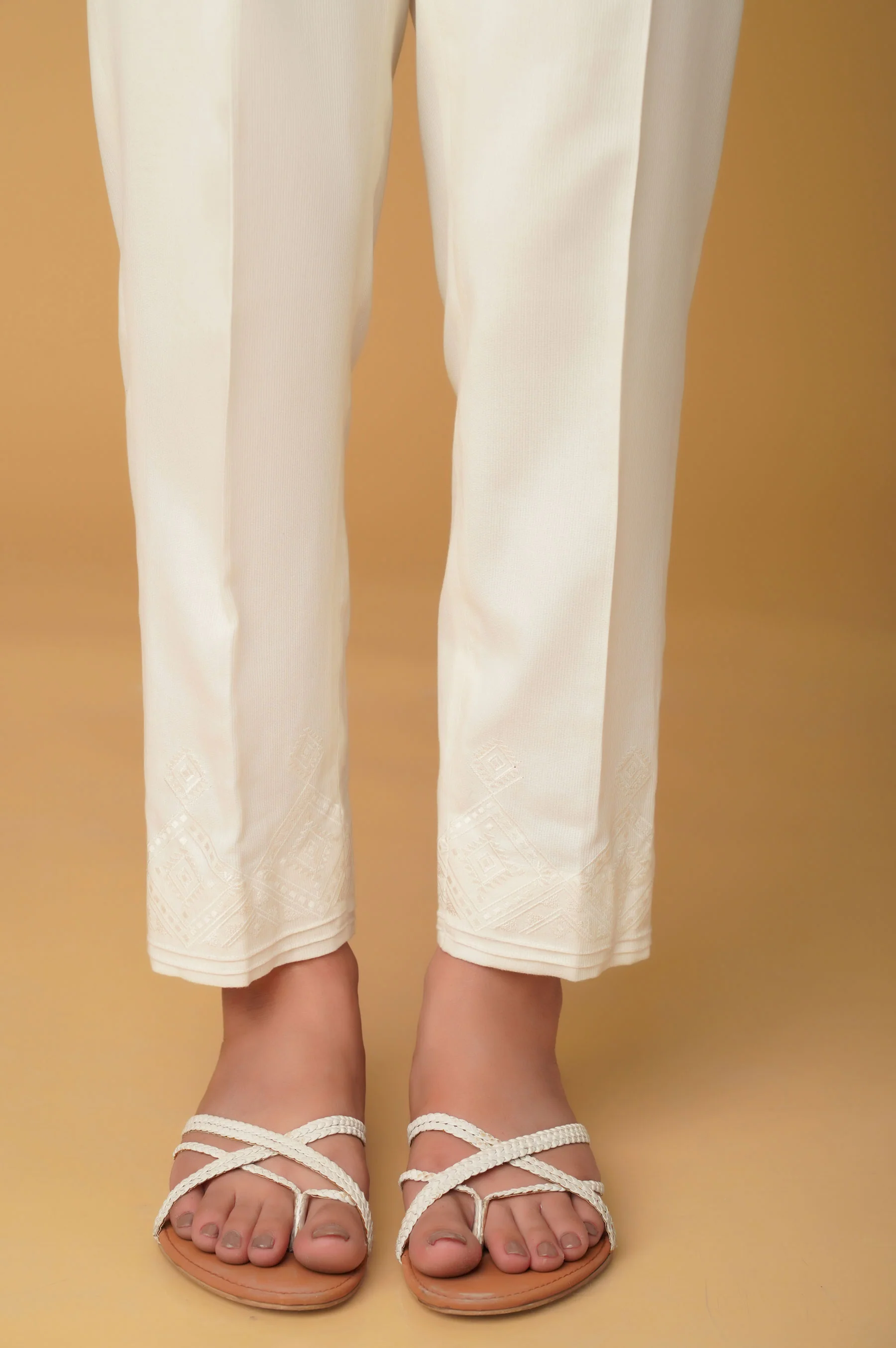 Embroidered Cottel Cigarette Pant - White