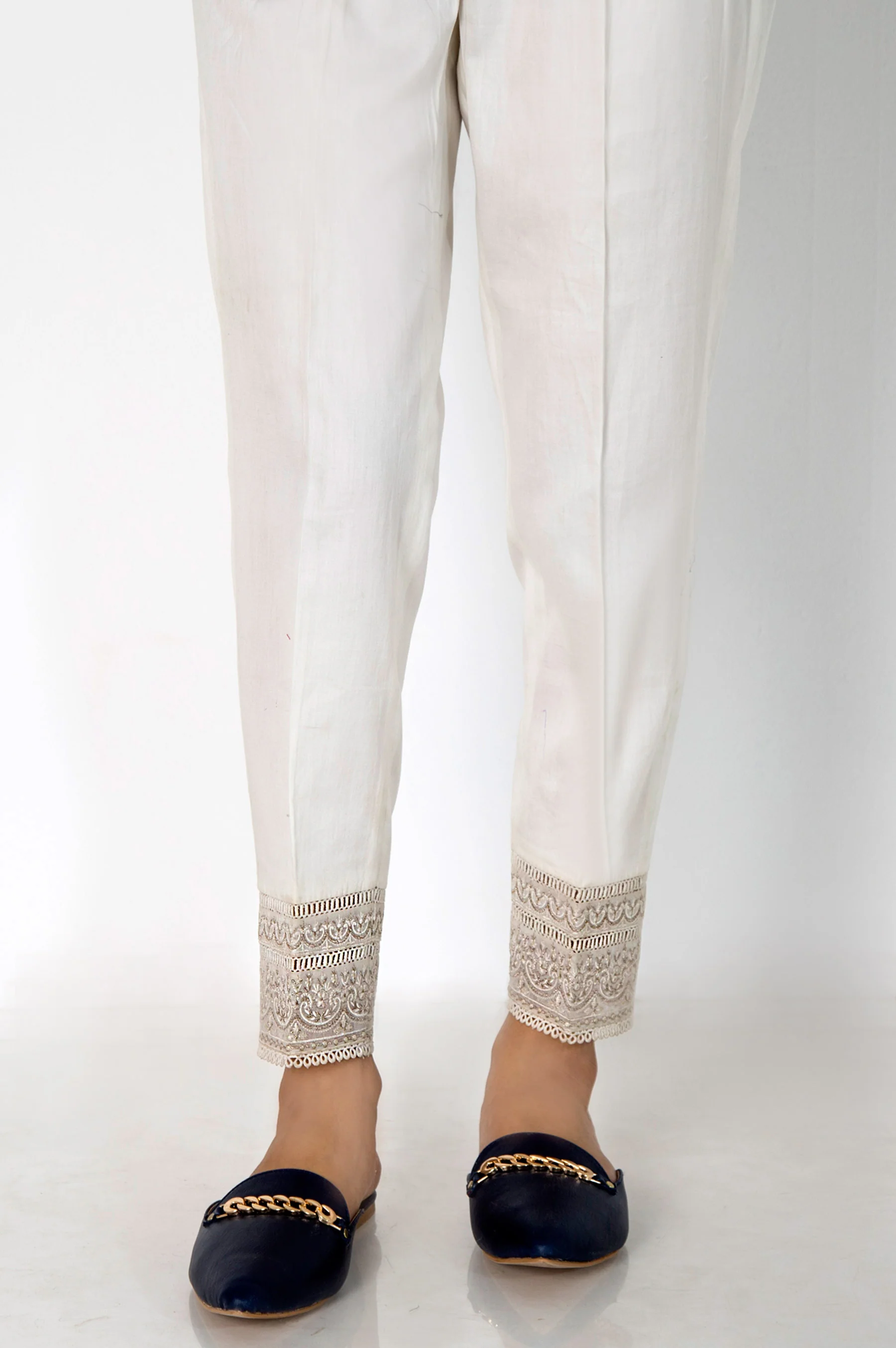 Embroidered Cotton Satin Cigarette Pants - White - Image 3