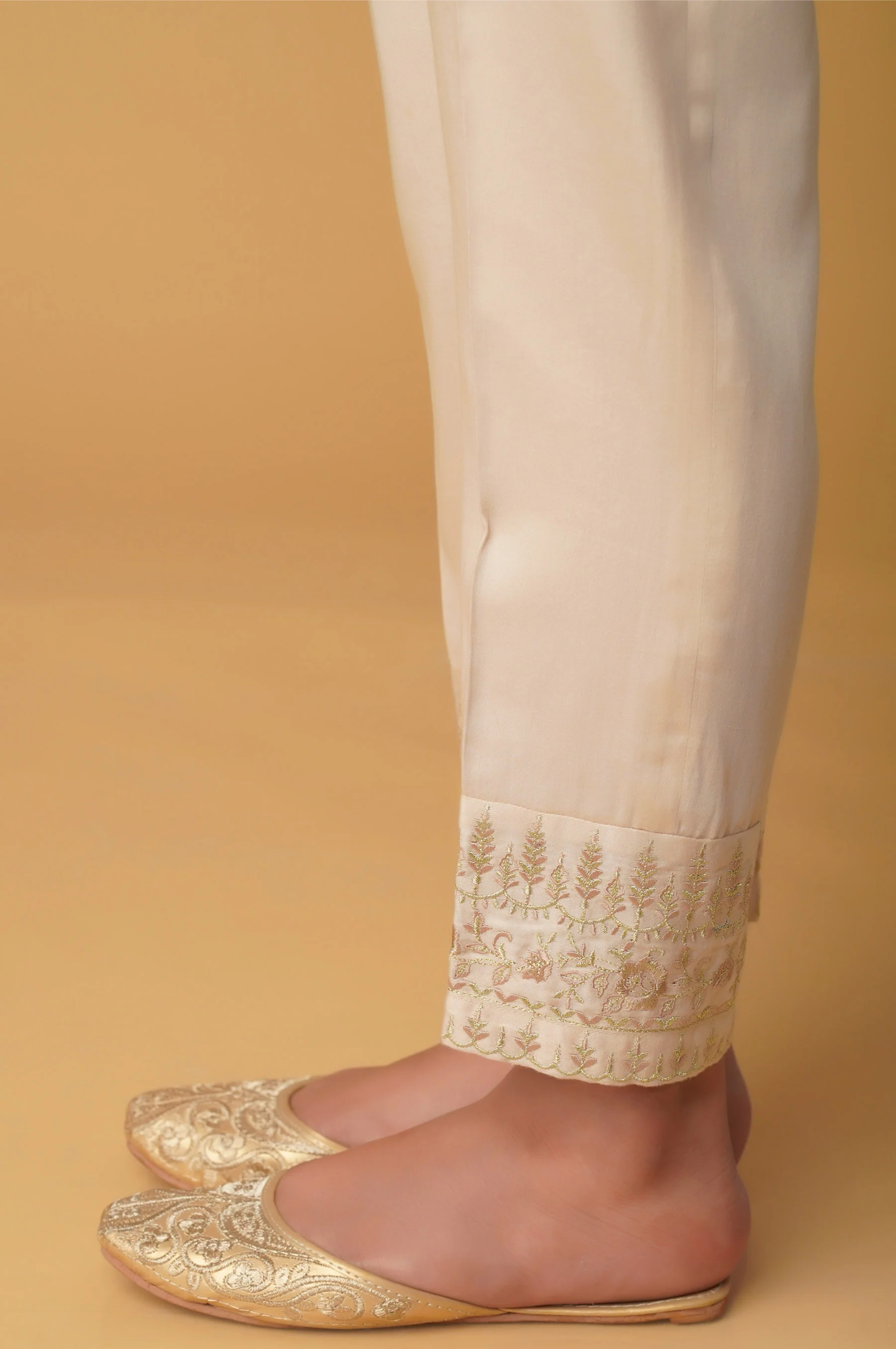 Embroidered Cotton Satin Cigarette Pants - Beige - Image 2