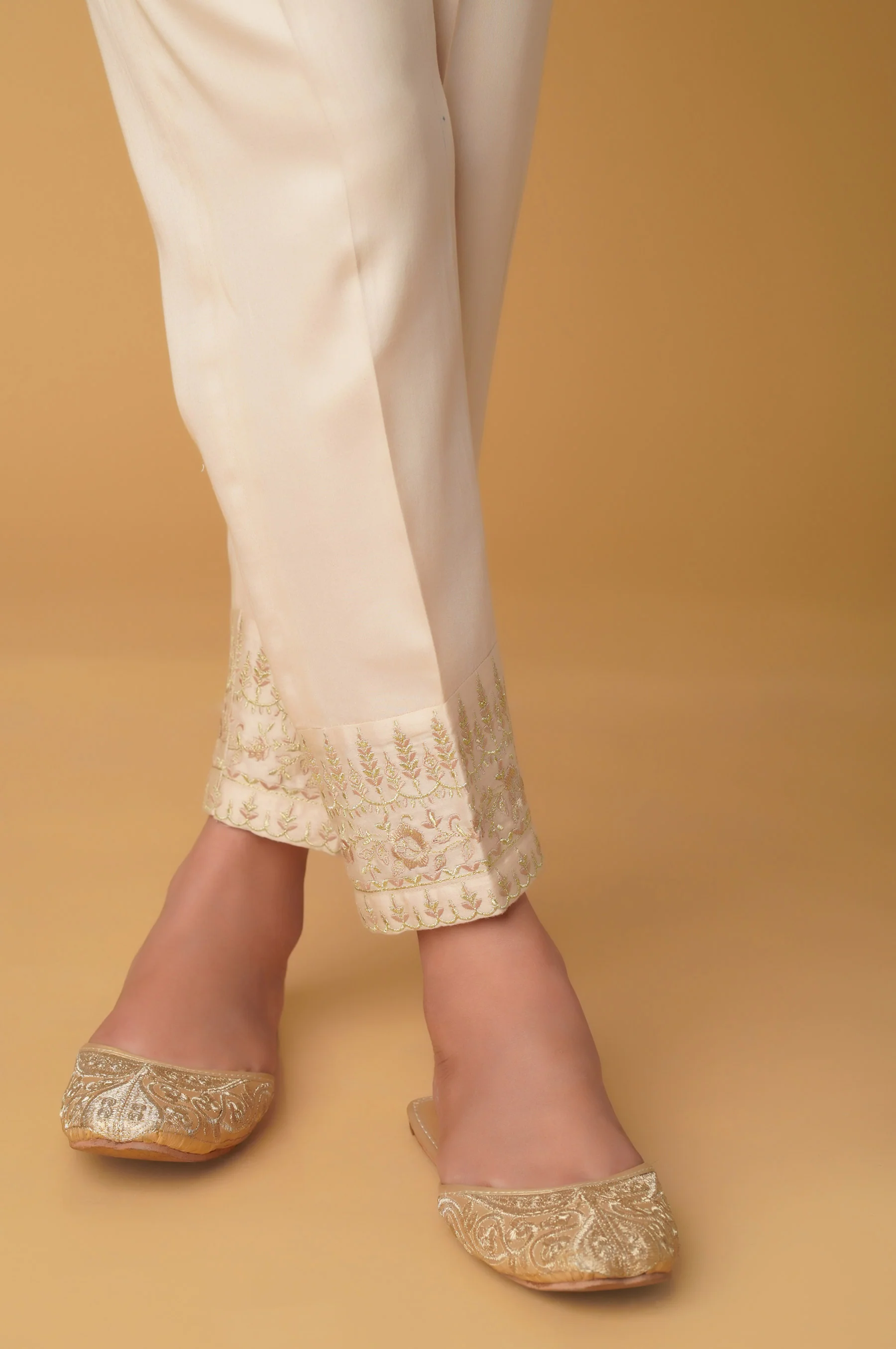 Embroidered Cotton Satin Cigarette Pants - Beige - Image 4