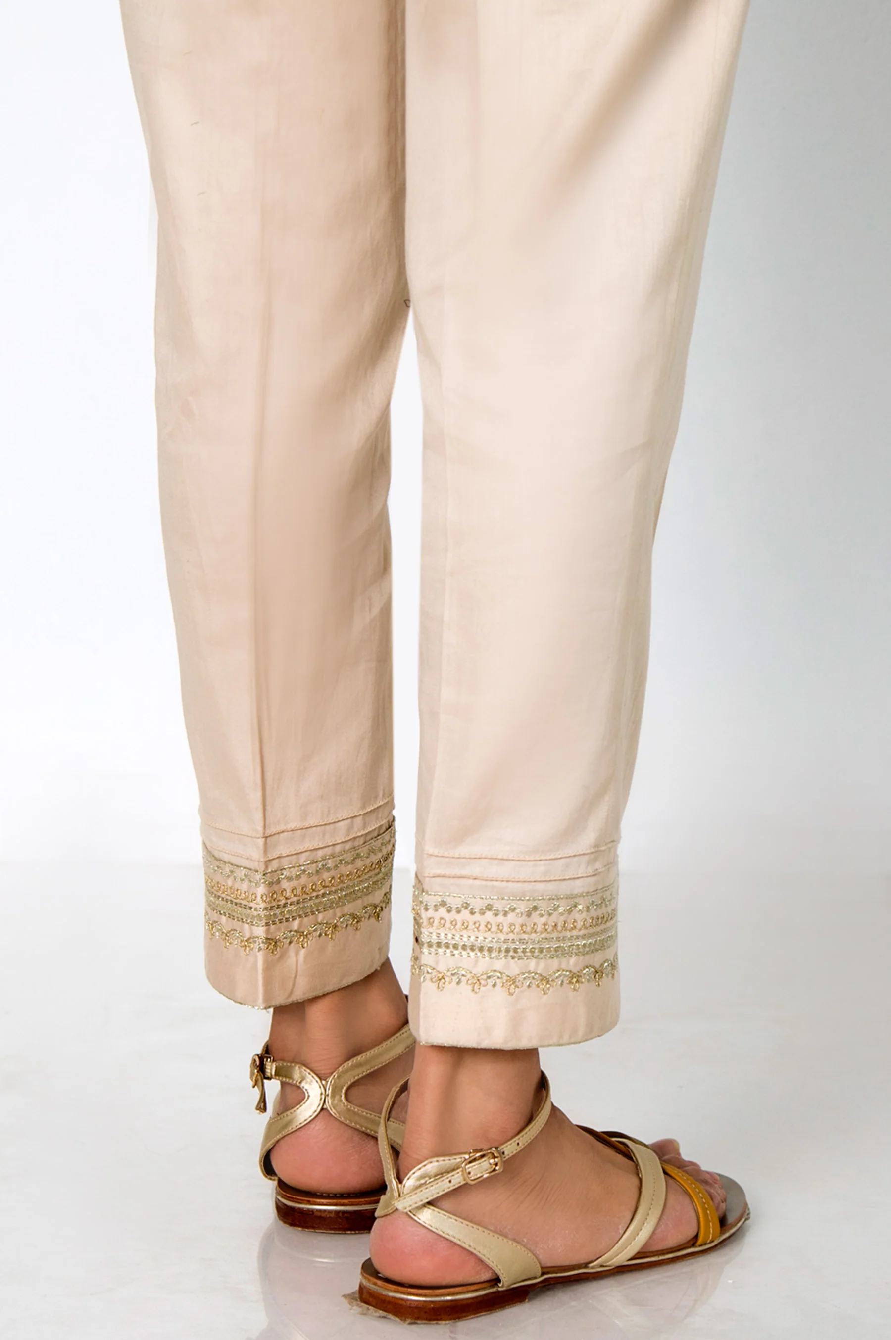 Embroidered Cotton Satin Cigarette Pants - Beige - Image 2