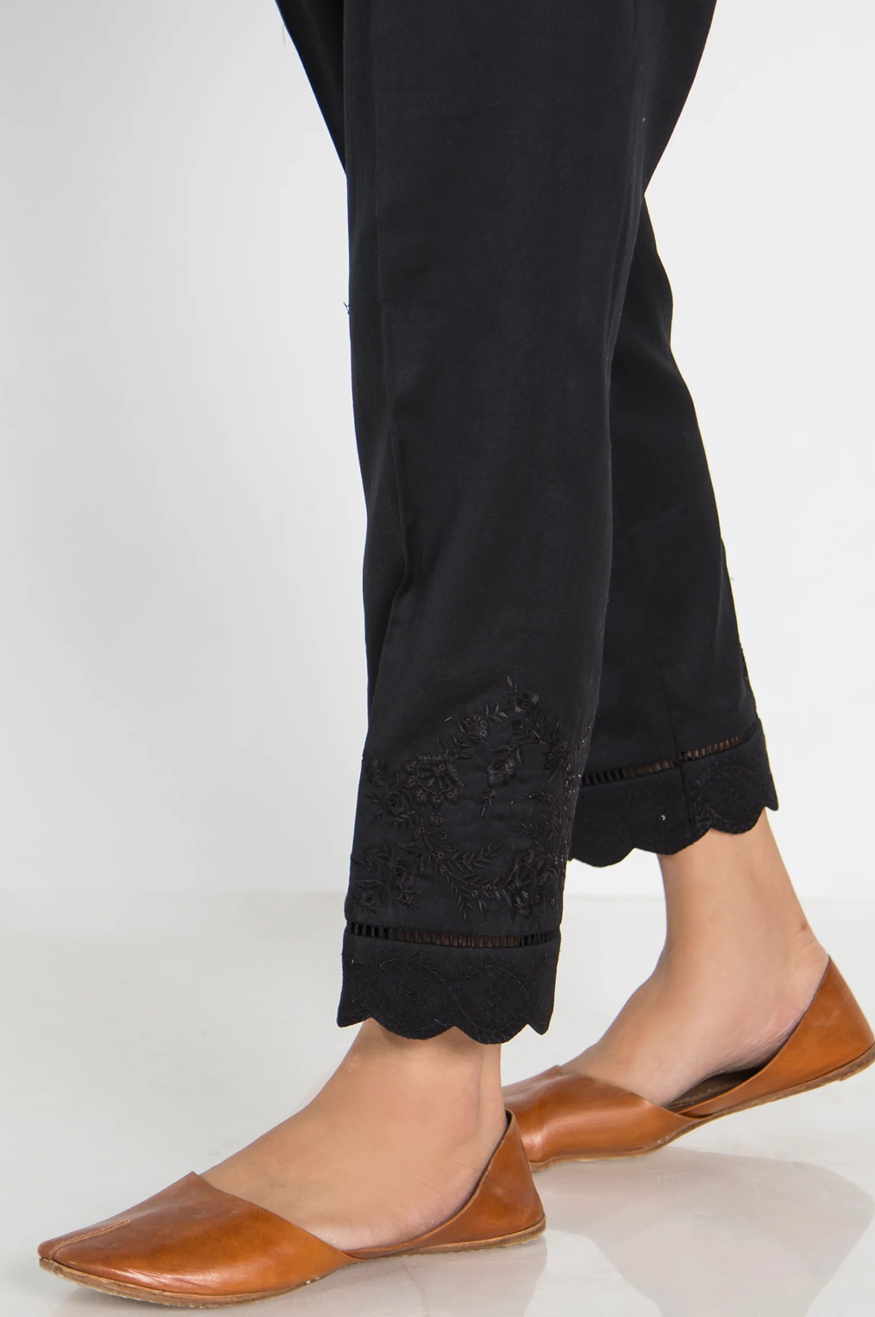 Embroidered Cotton Satin Cigarette Pants - Black - Image 2